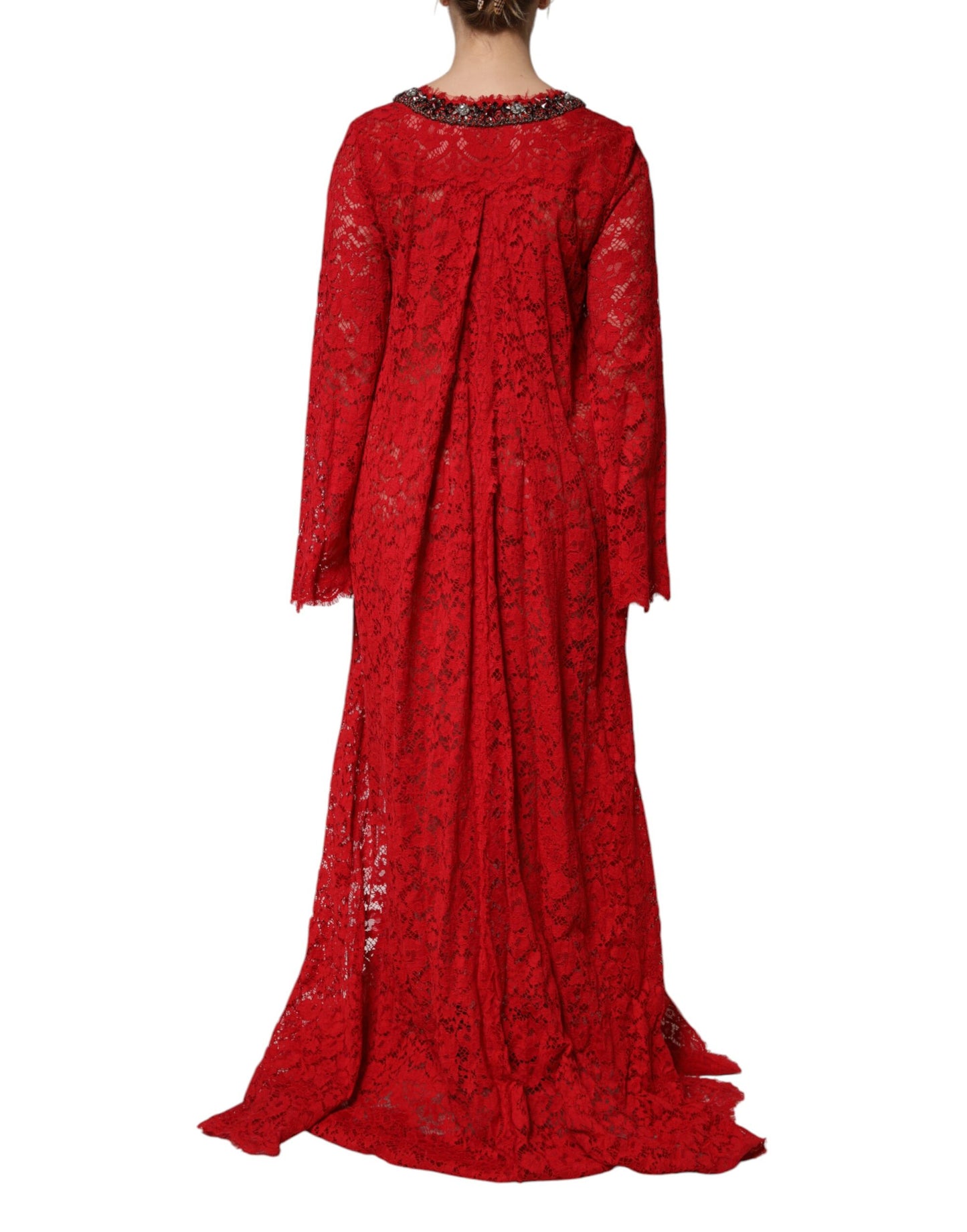 Dolce & Gabbana Rotes Kleid mit floraler Spitze und Strassverzierung