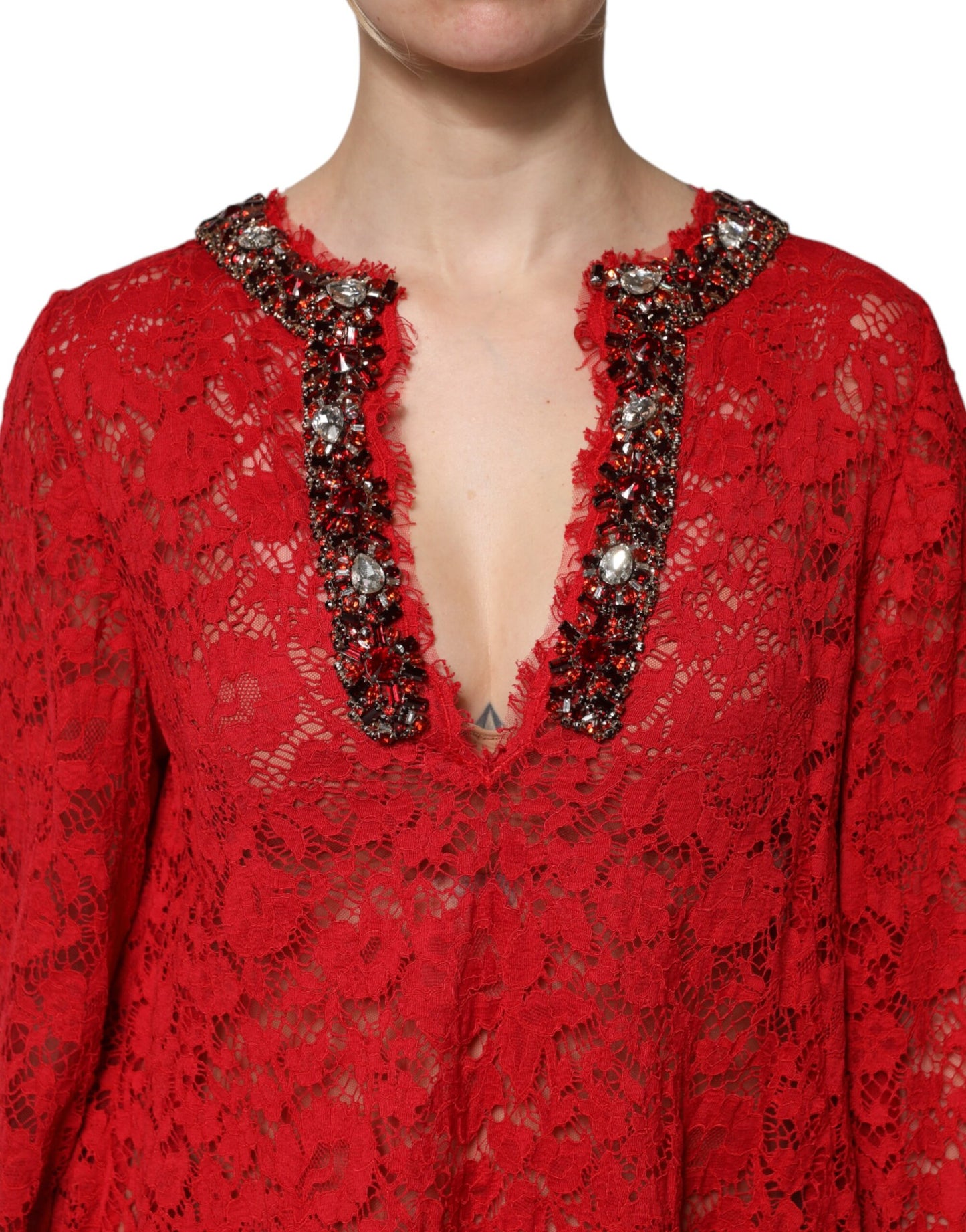 Dolce & Gabbana Rotes Kleid mit floraler Spitze und Strassverzierung