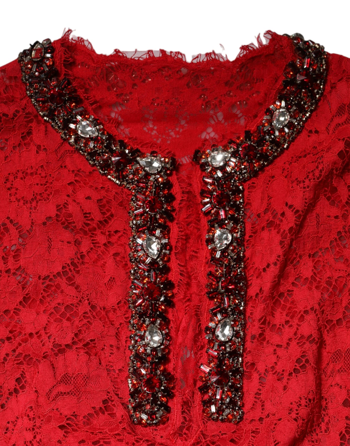 Dolce & Gabbana Rotes Kleid mit floraler Spitze und Strassverzierung