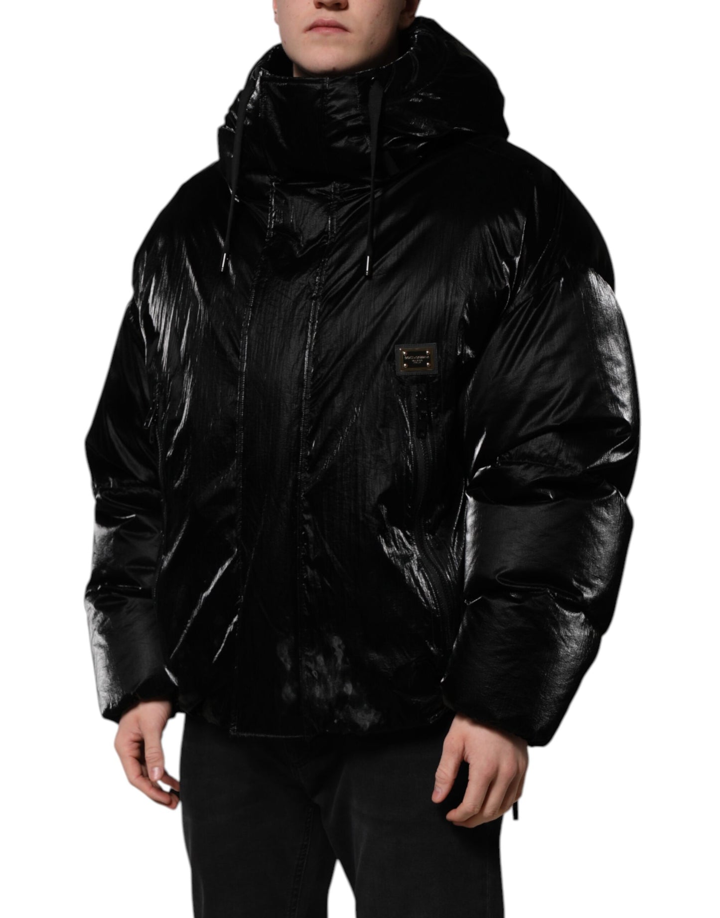 Dolce & Gabbana Schwarze Logo-Steppjacke mit Kapuze und Reißverschluss