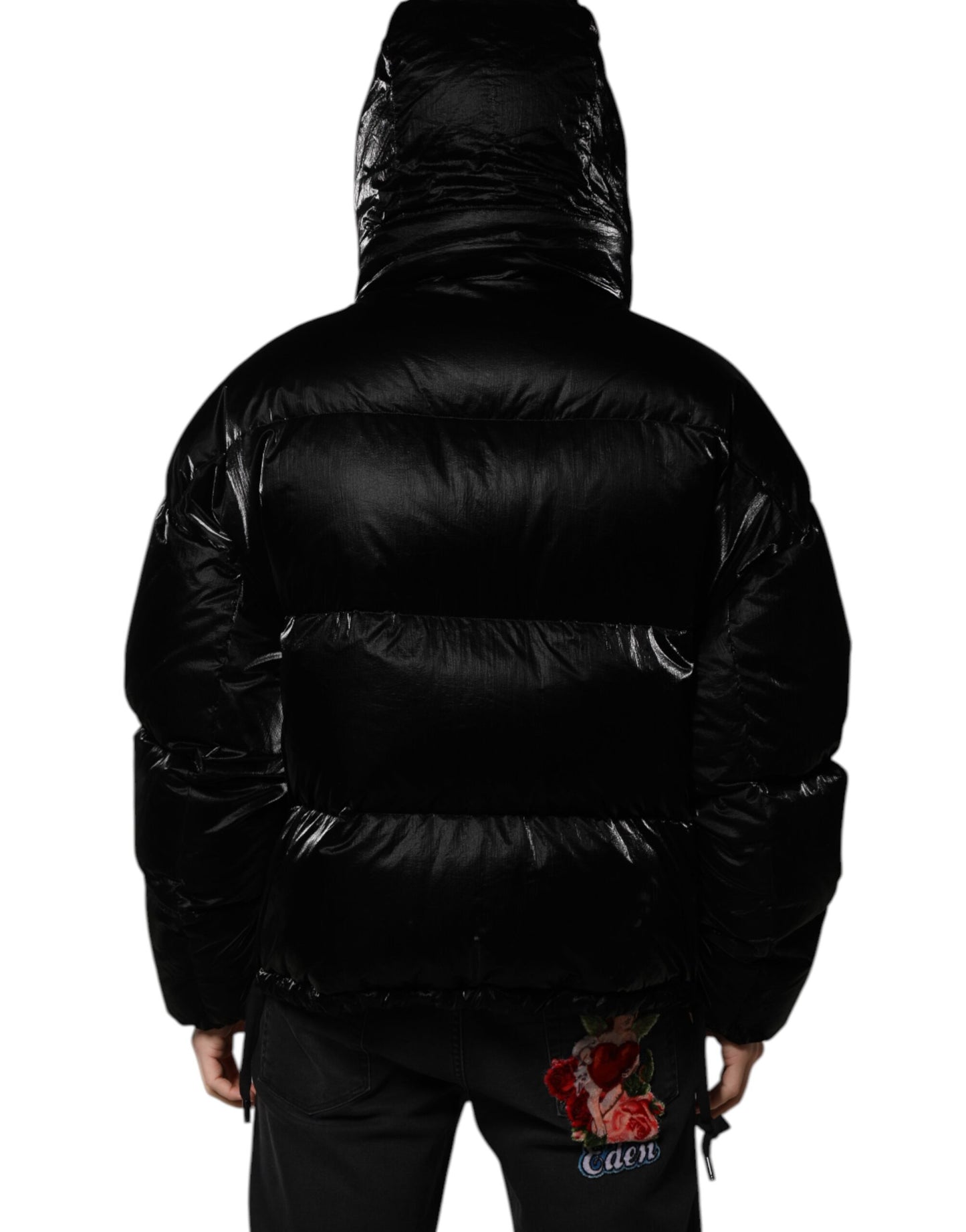 Dolce & Gabbana Schwarze Logo-Steppjacke mit Kapuze und Reißverschluss