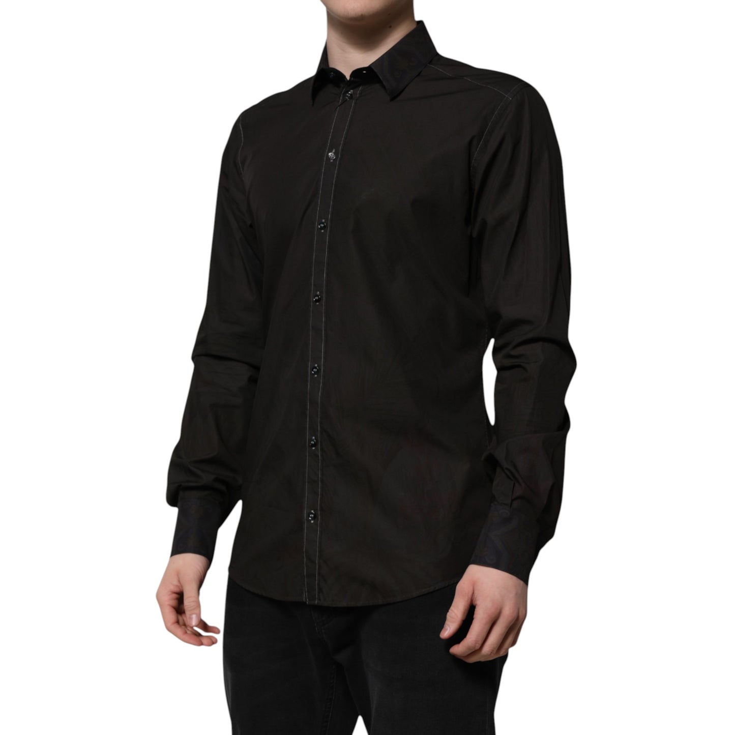 Dolce & Gabbana Schwarzes Baumwoll-Jacquard-Hemd mit GOLD-Kragen