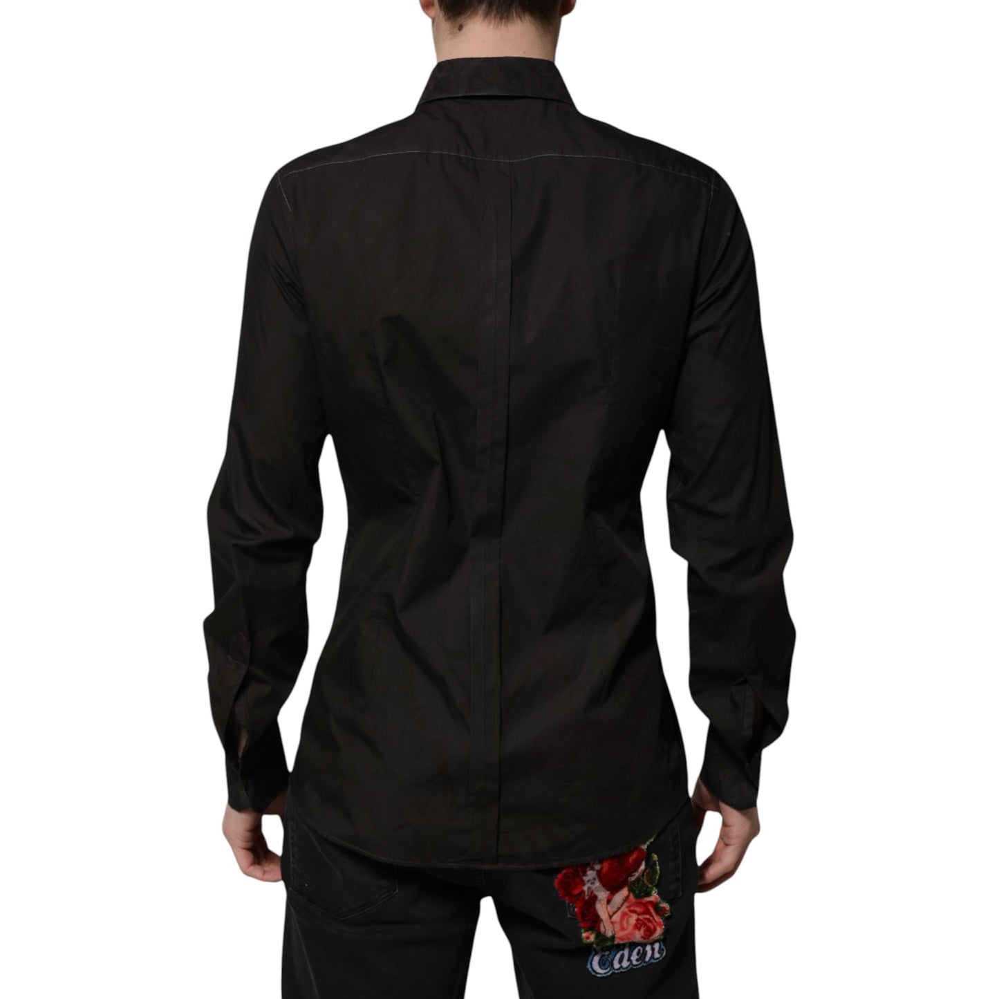Dolce & Gabbana Schwarzes Baumwoll-Jacquard-Hemd mit GOLD-Kragen