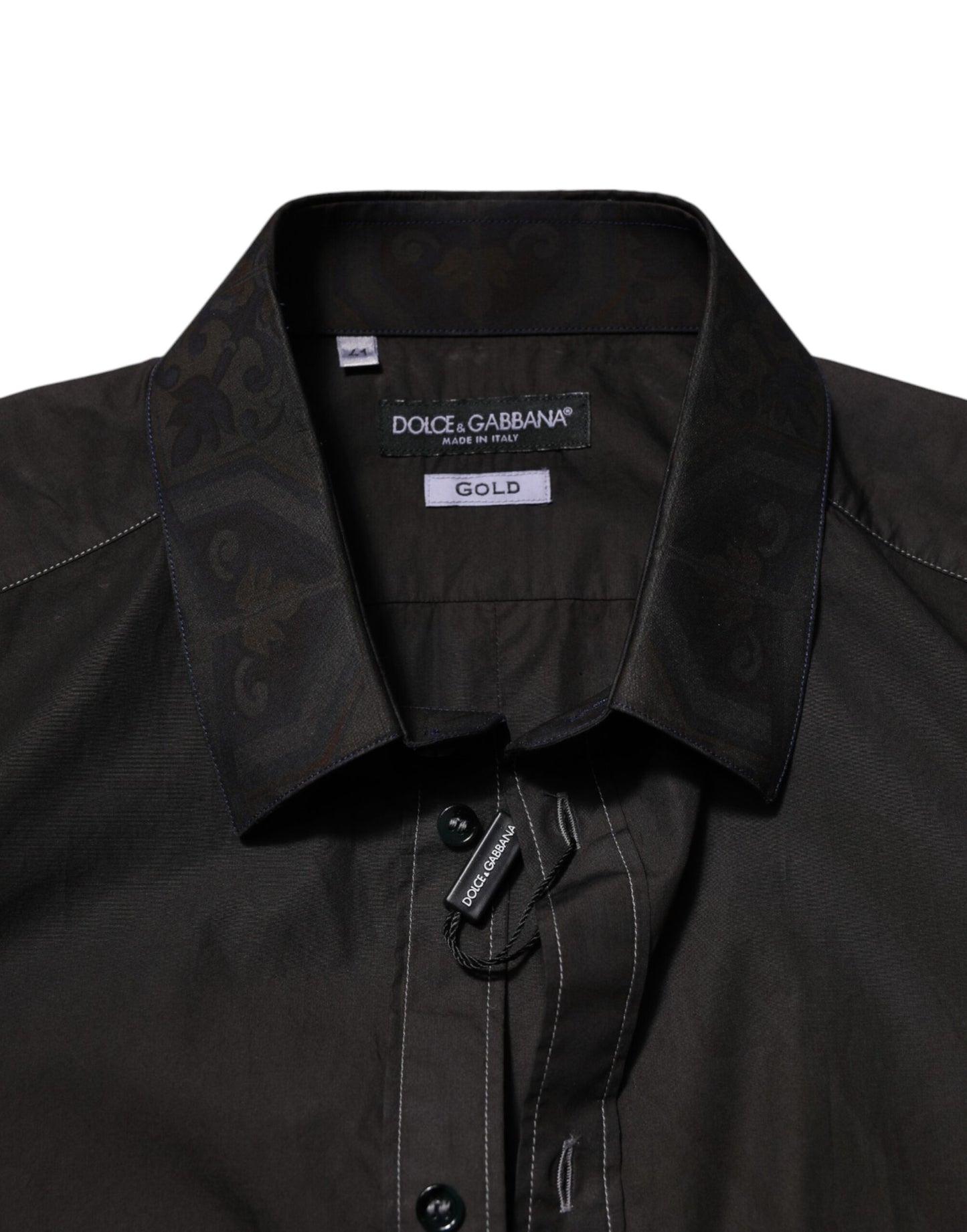 Dolce & Gabbana Schwarzes Baumwoll-Jacquard-Hemd mit GOLD-Kragen