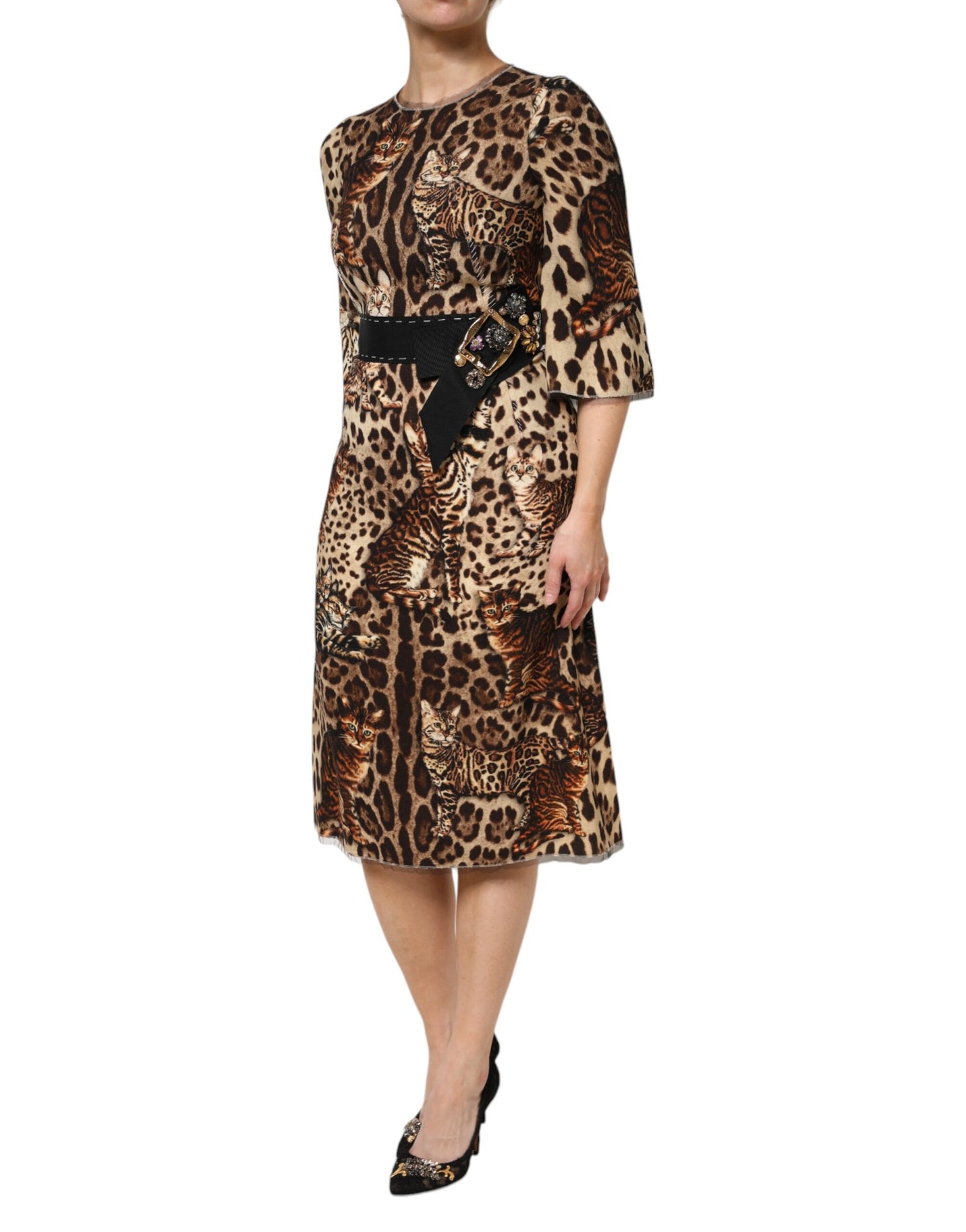 Dolce & Gabbana Braunes Midikleid mit Leopardenmuster und Gürtel in A-Linie