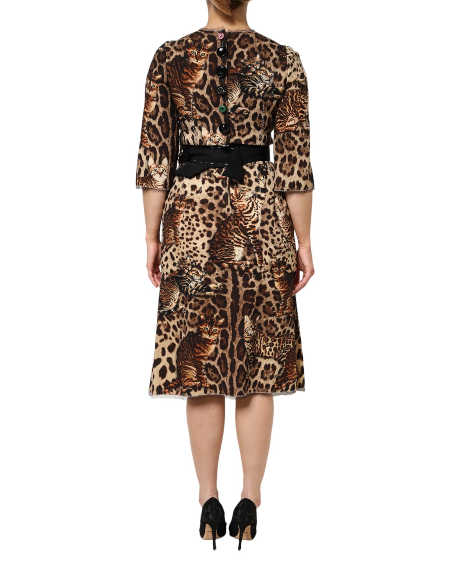 Dolce & Gabbana Braunes Midikleid mit Leopardenmuster und Gürtel in A-Linie