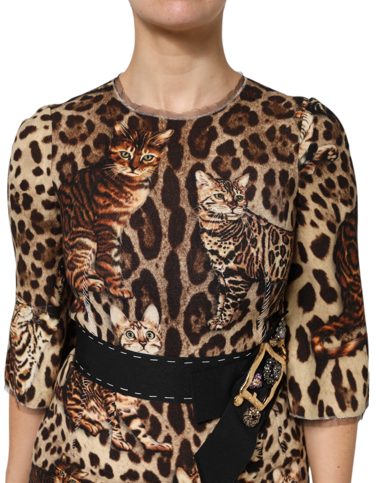 Dolce & Gabbana Braunes Midikleid mit Leopardenmuster und Gürtel in A-Linie