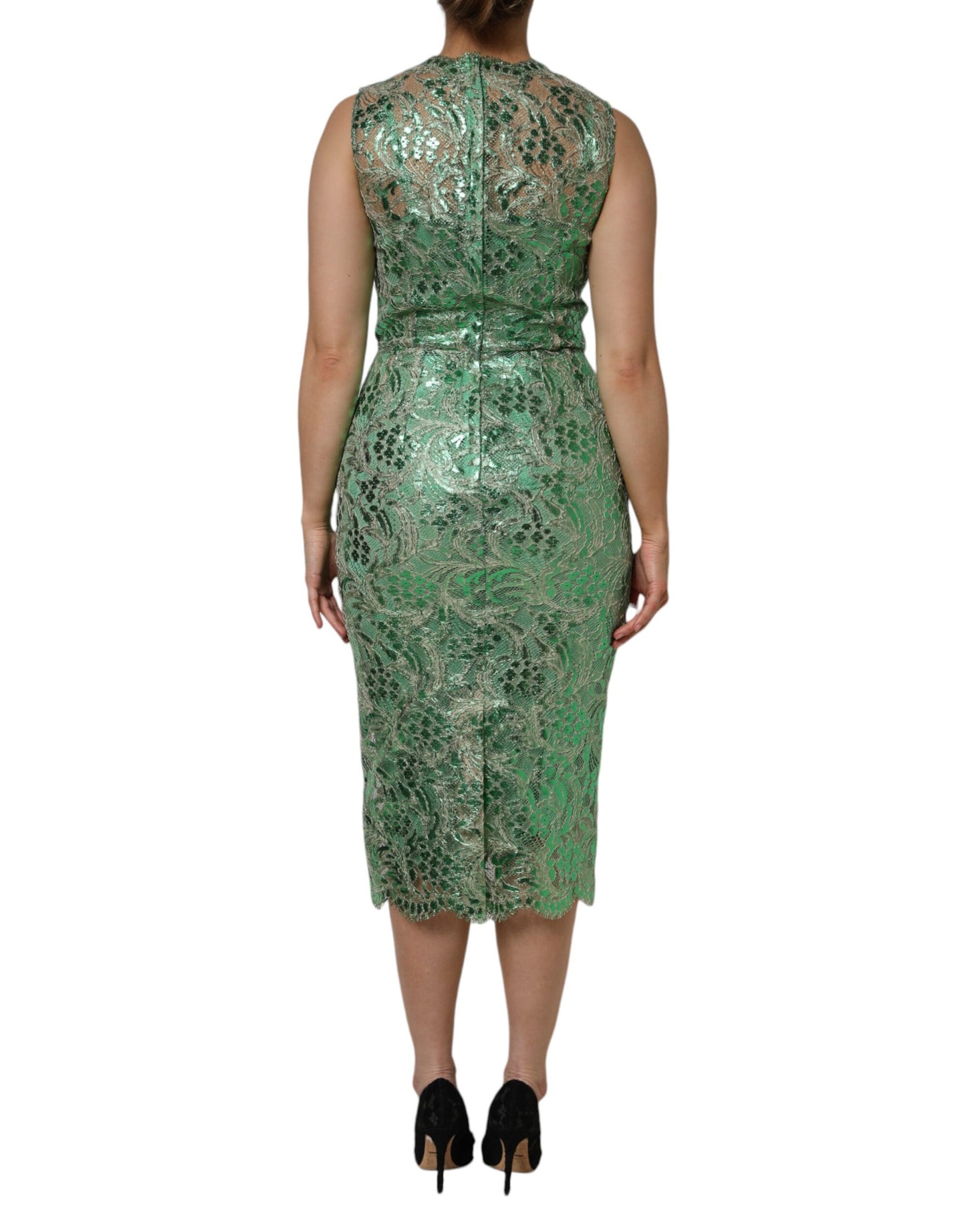 Dolce & Gabbana Grünes Midikleid aus geblümter Spitze aus Baumwolle