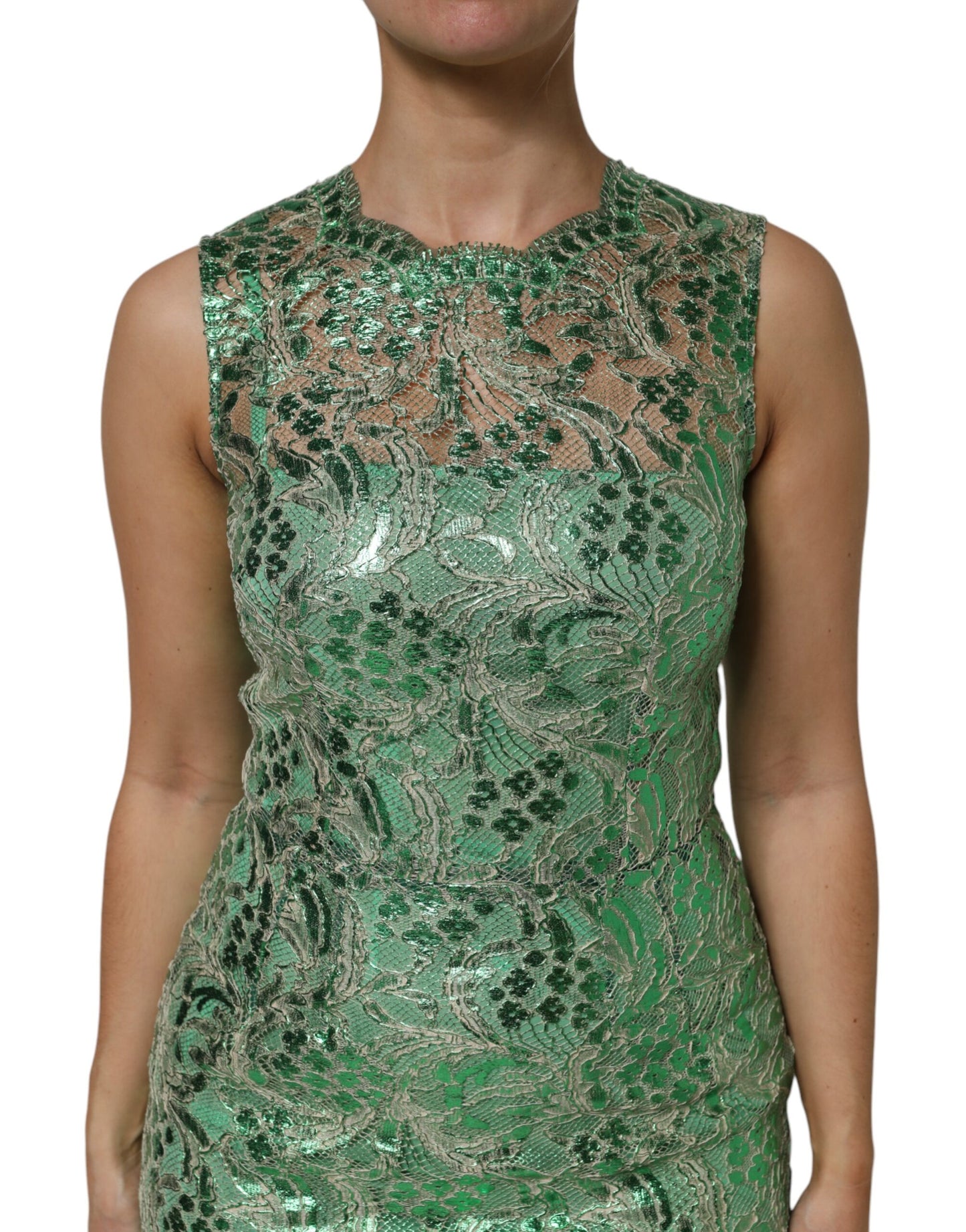 Dolce & Gabbana Grünes Midikleid aus geblümter Spitze aus Baumwolle