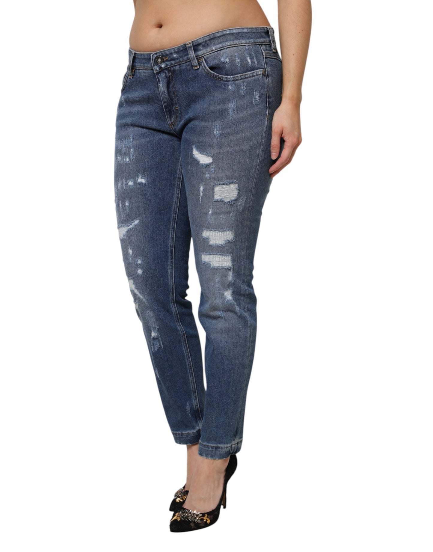 Dolce & Gabbana Blaue Denim-Jeans aus zerrissener Baumwolle mit niedriger Taille
