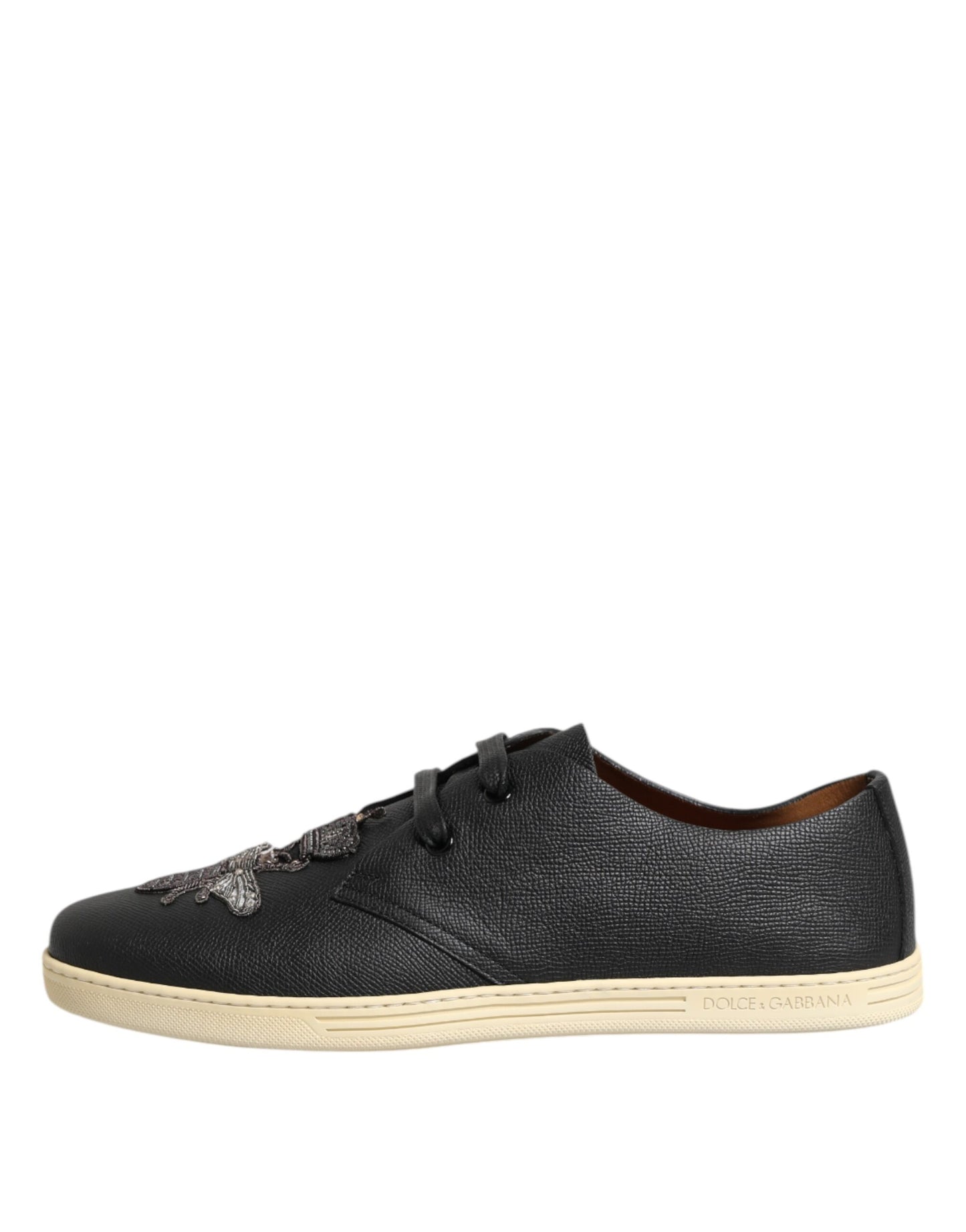 Dolce & Gabbana Schwarz Leder Bee Crown Low Top Sneakers Schuhe