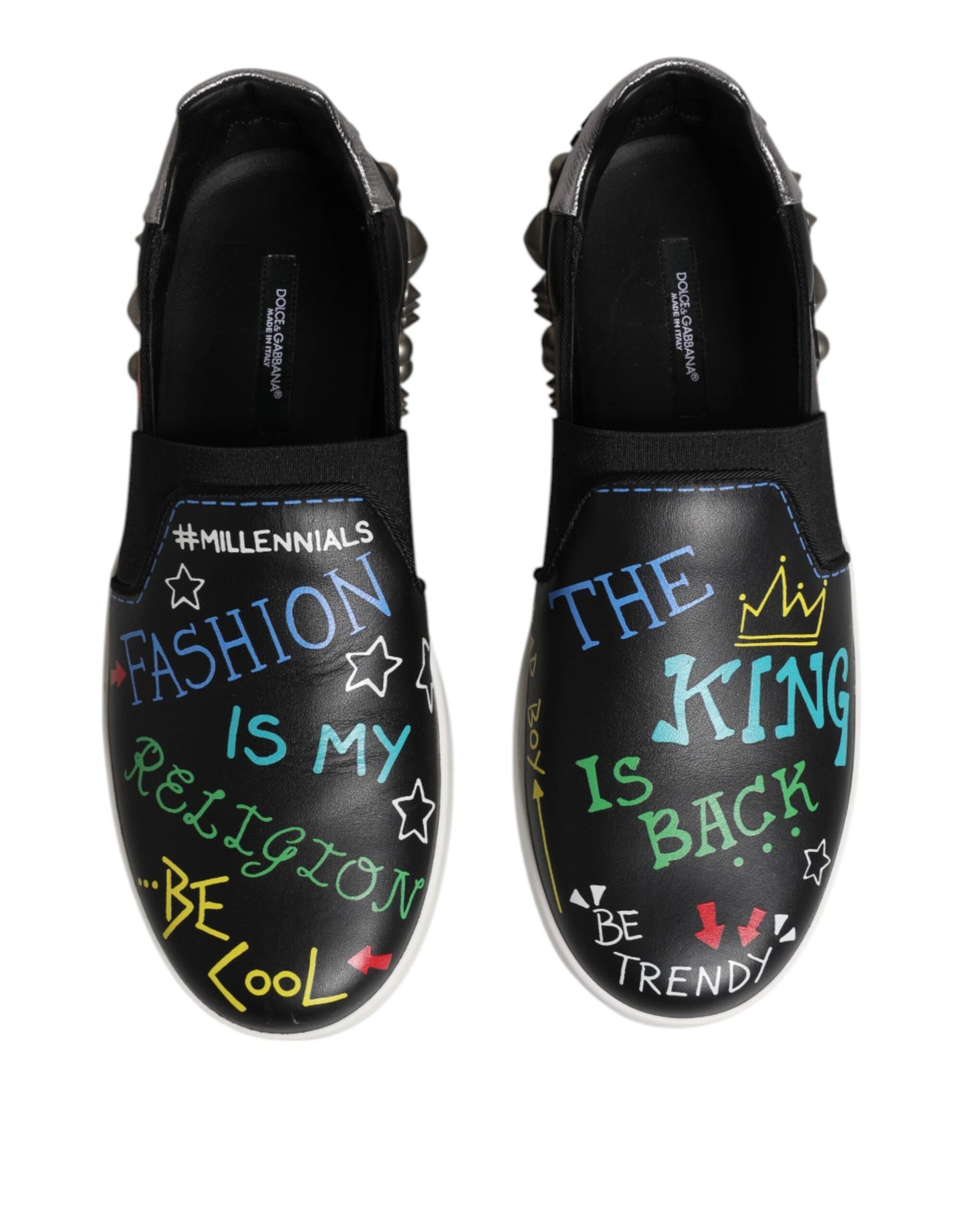 Dolce & Gabbana Schwarz Leder Nieten Graffiti Turnschuhe Schuhe
