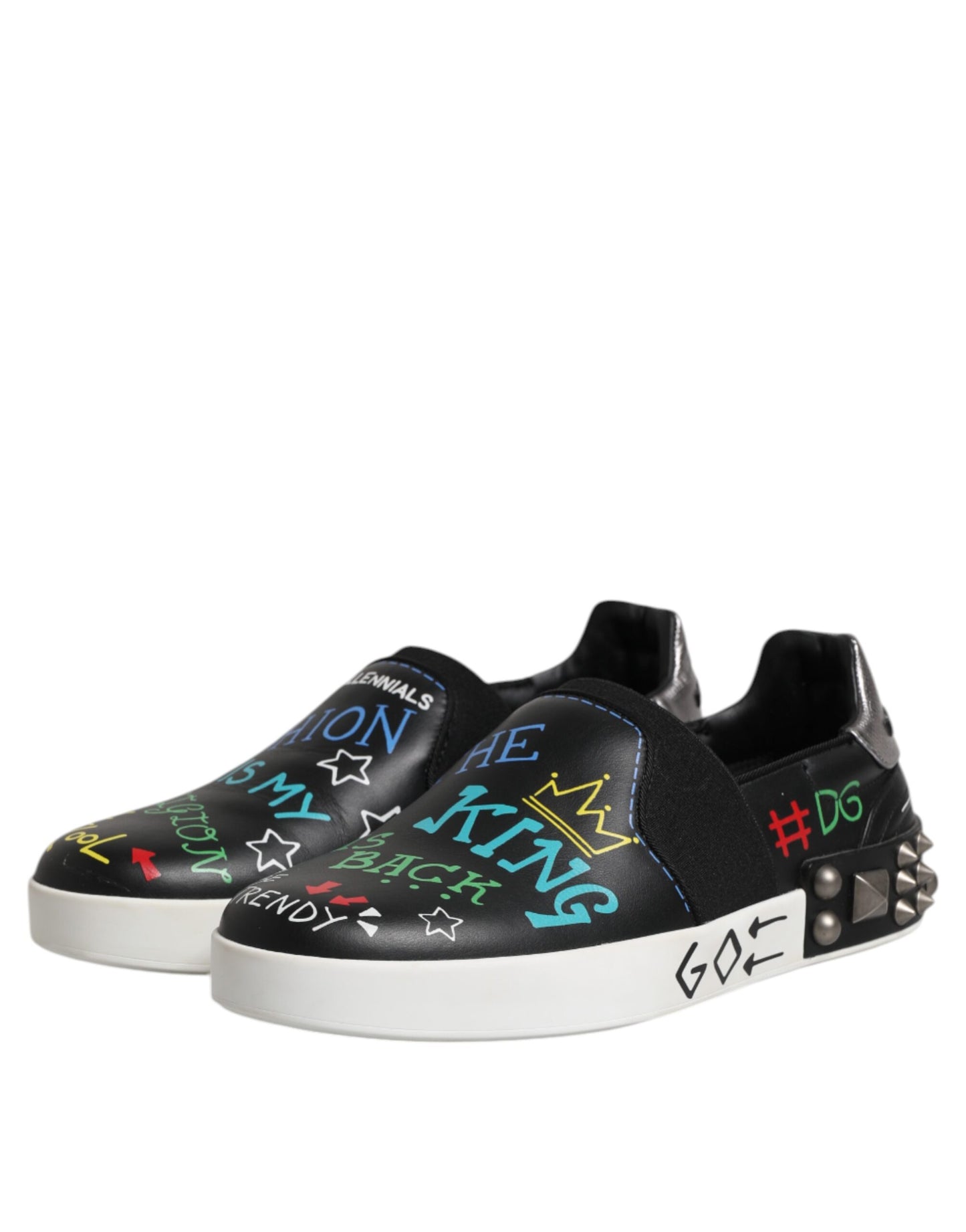 Dolce & Gabbana Schwarz Leder Nieten Graffiti Turnschuhe Schuhe
