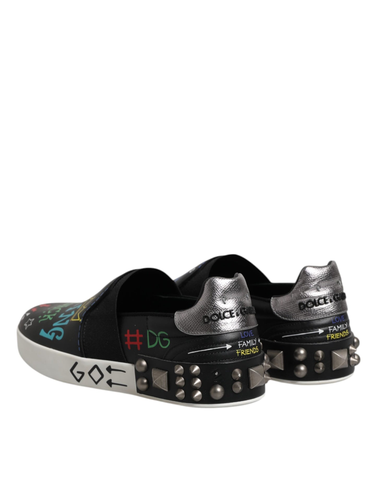 Dolce & Gabbana Schwarz Leder Nieten Graffiti Turnschuhe Schuhe