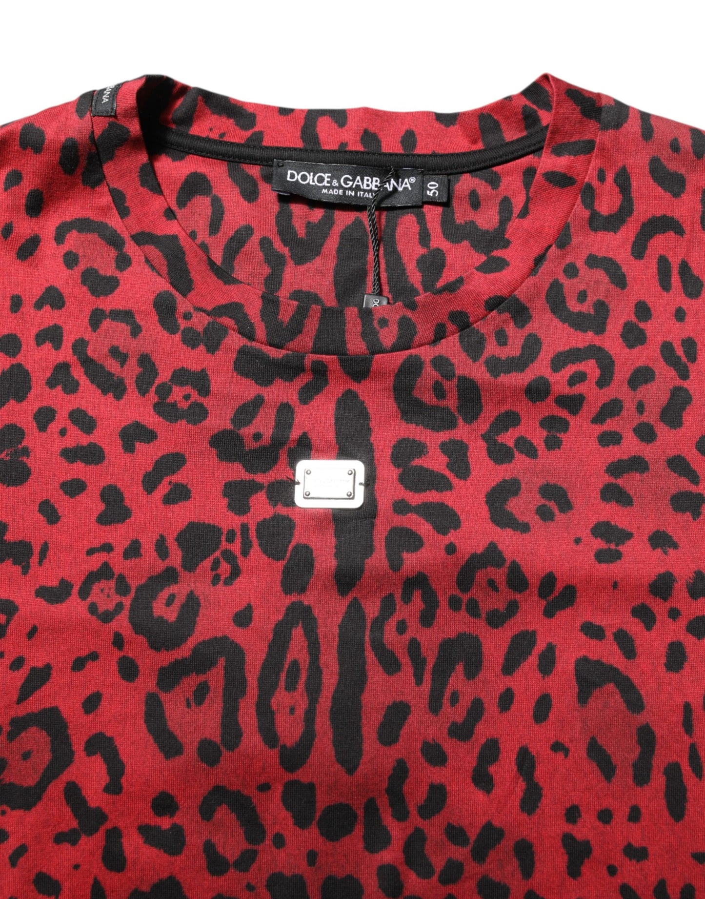 Dolce & Gabbana Rotes Baumwoll-Leoparden-T-Shirt mit kurzen Ärmeln