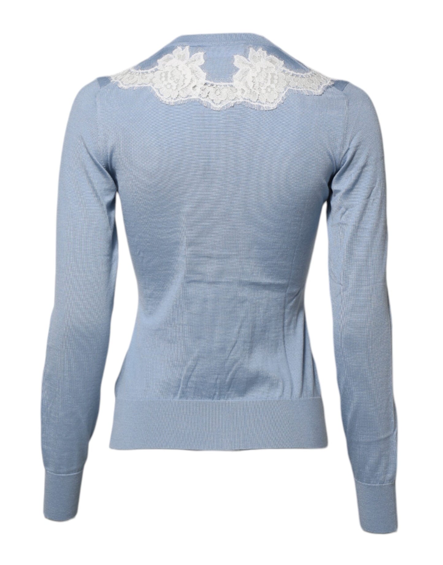 Dolce & Gabbana Blaue Strickjacke mit floralen Spitzenverzierungen