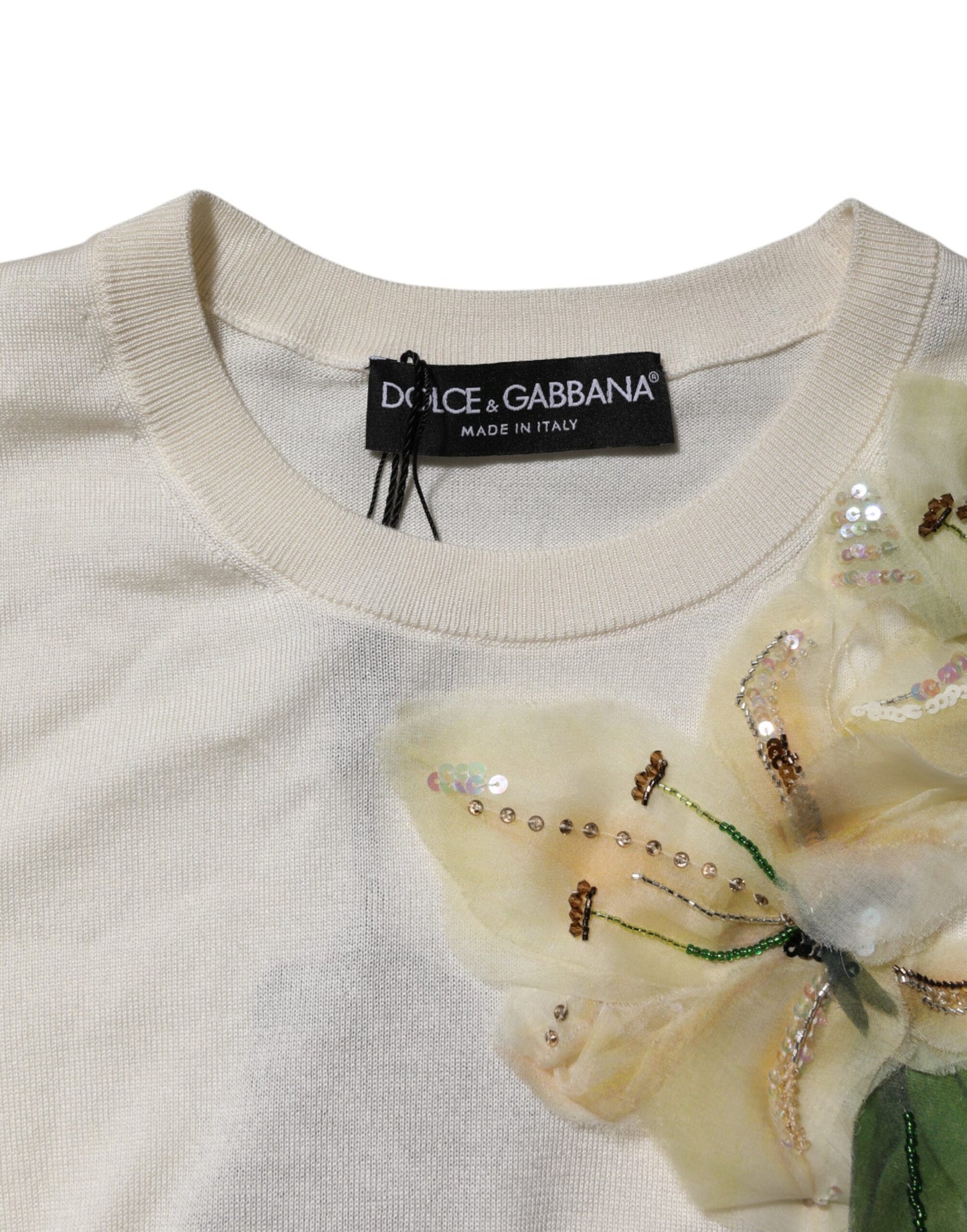 Dolce & Gabbana Weißer Seidenlilien-Pullover mit Verzierungen