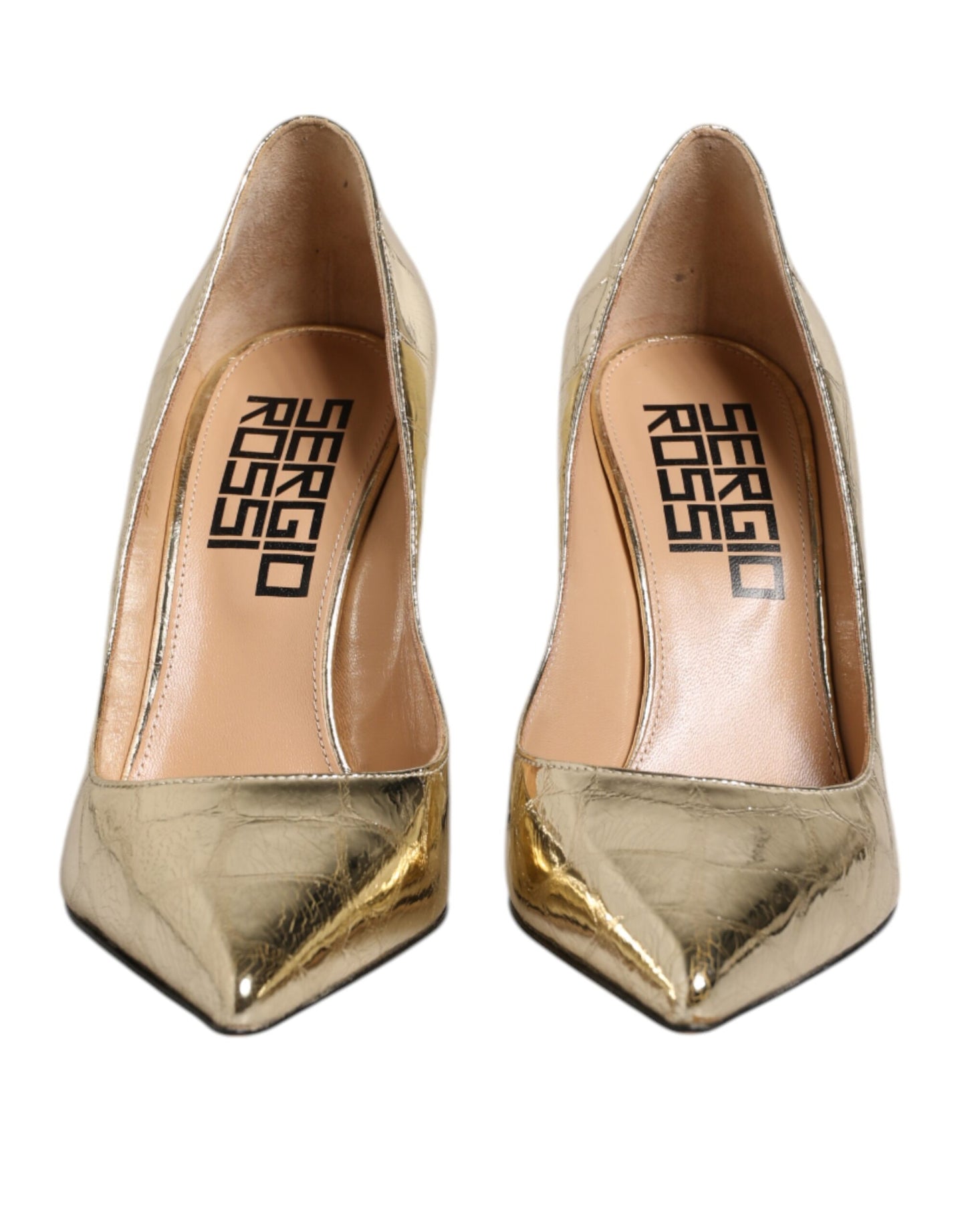 Sergio Rossi Gold Leder spitze Zehe Block Absätze Schuhe