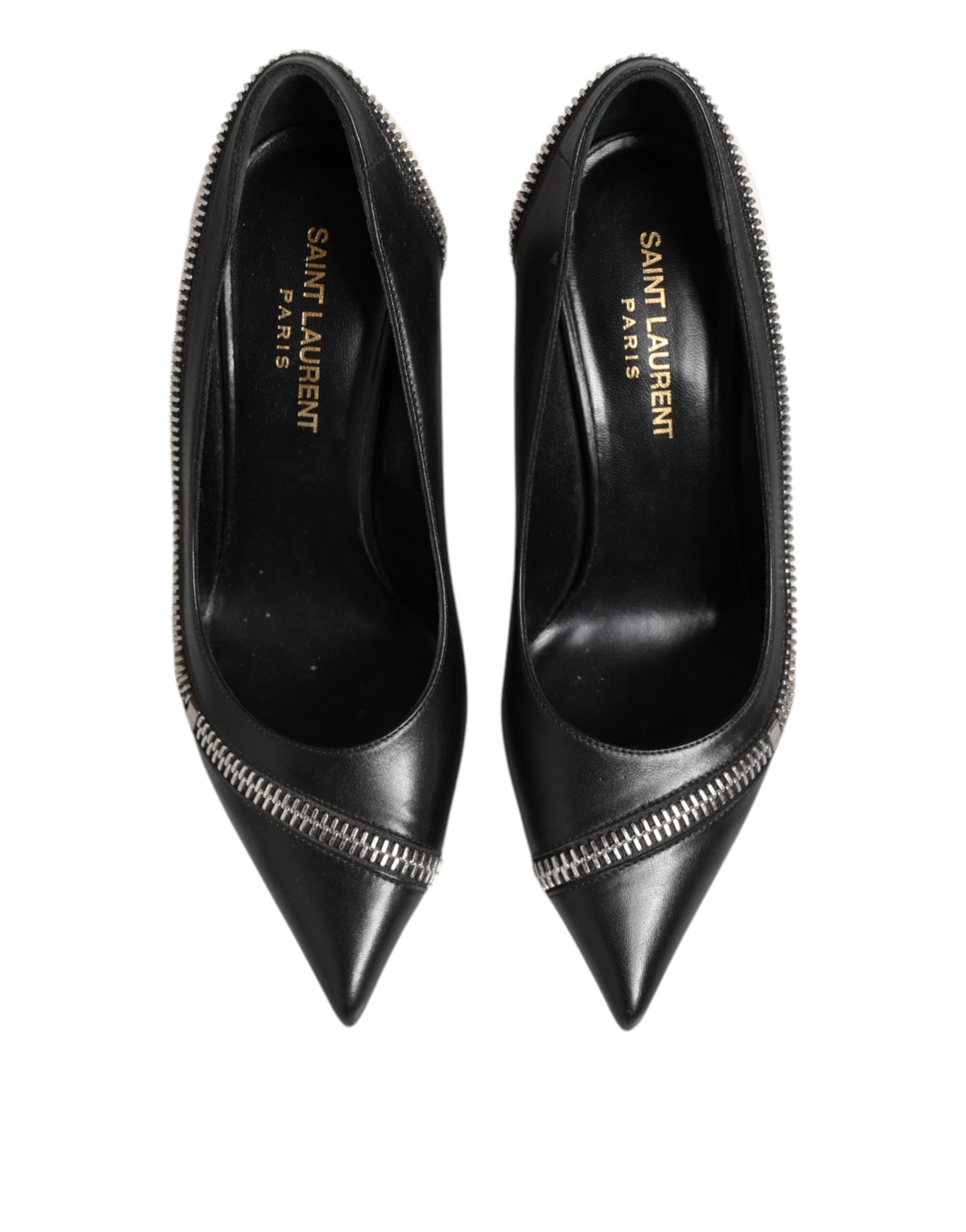 Saint Laurent Weißes Schwarzes Leder Spitz zulaufende Absätze Schuhe