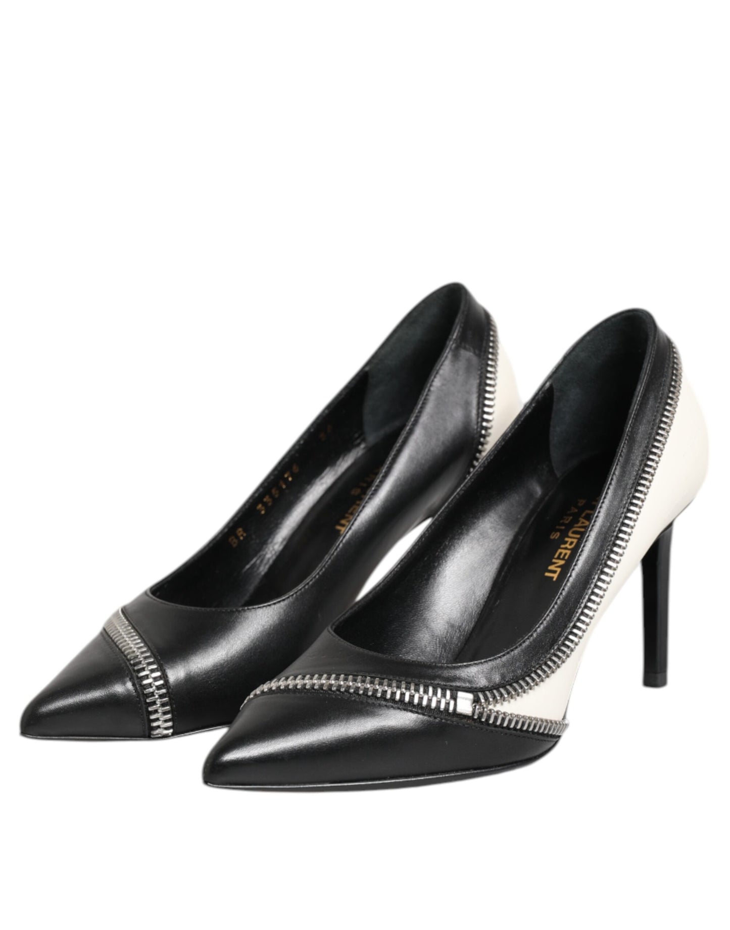 Saint Laurent Weißes Schwarzes Leder Spitz zulaufende Absätze Schuhe