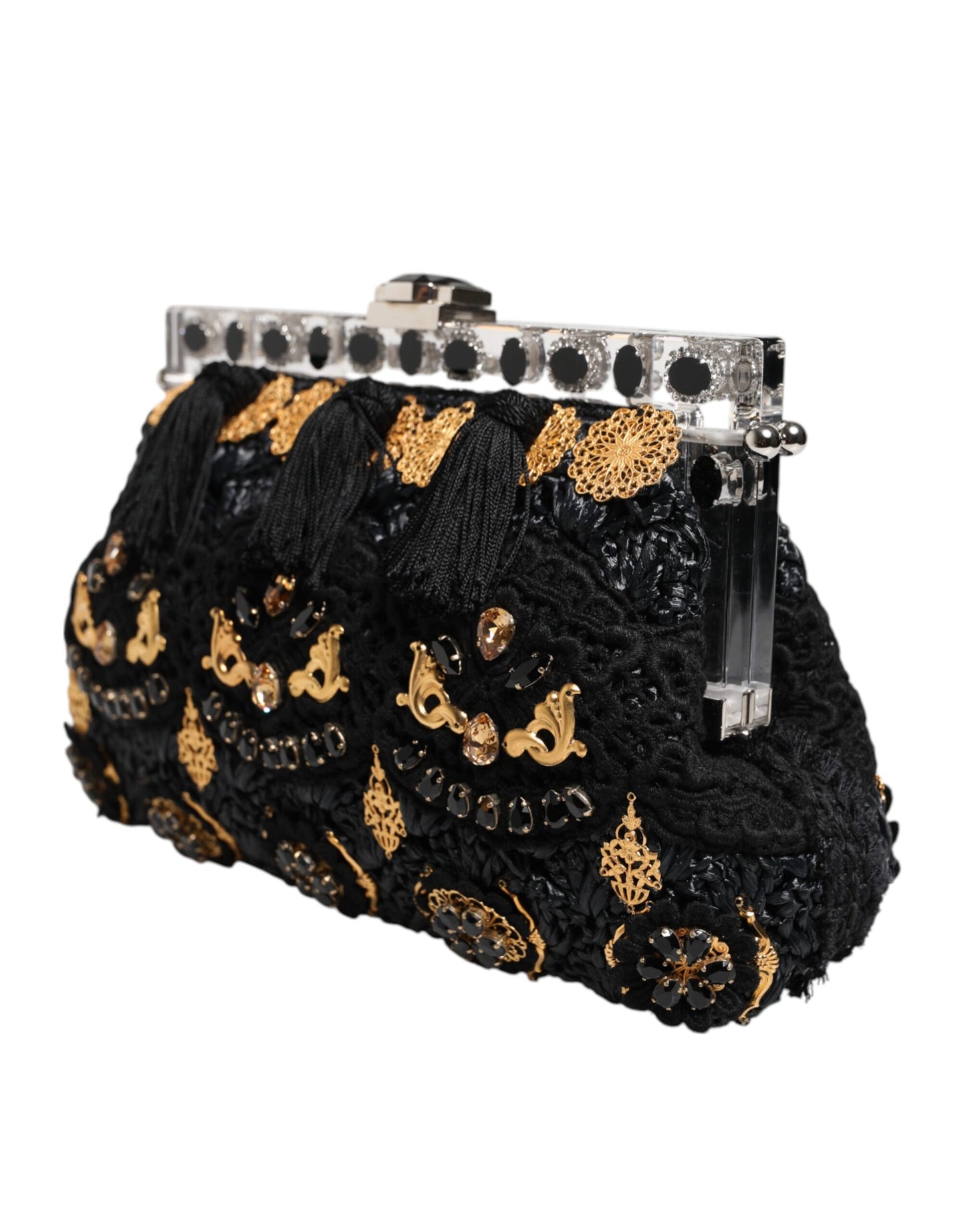 Dolce & Gabbana Schwarze Quaste Gold Barock Kristall Abendtasche