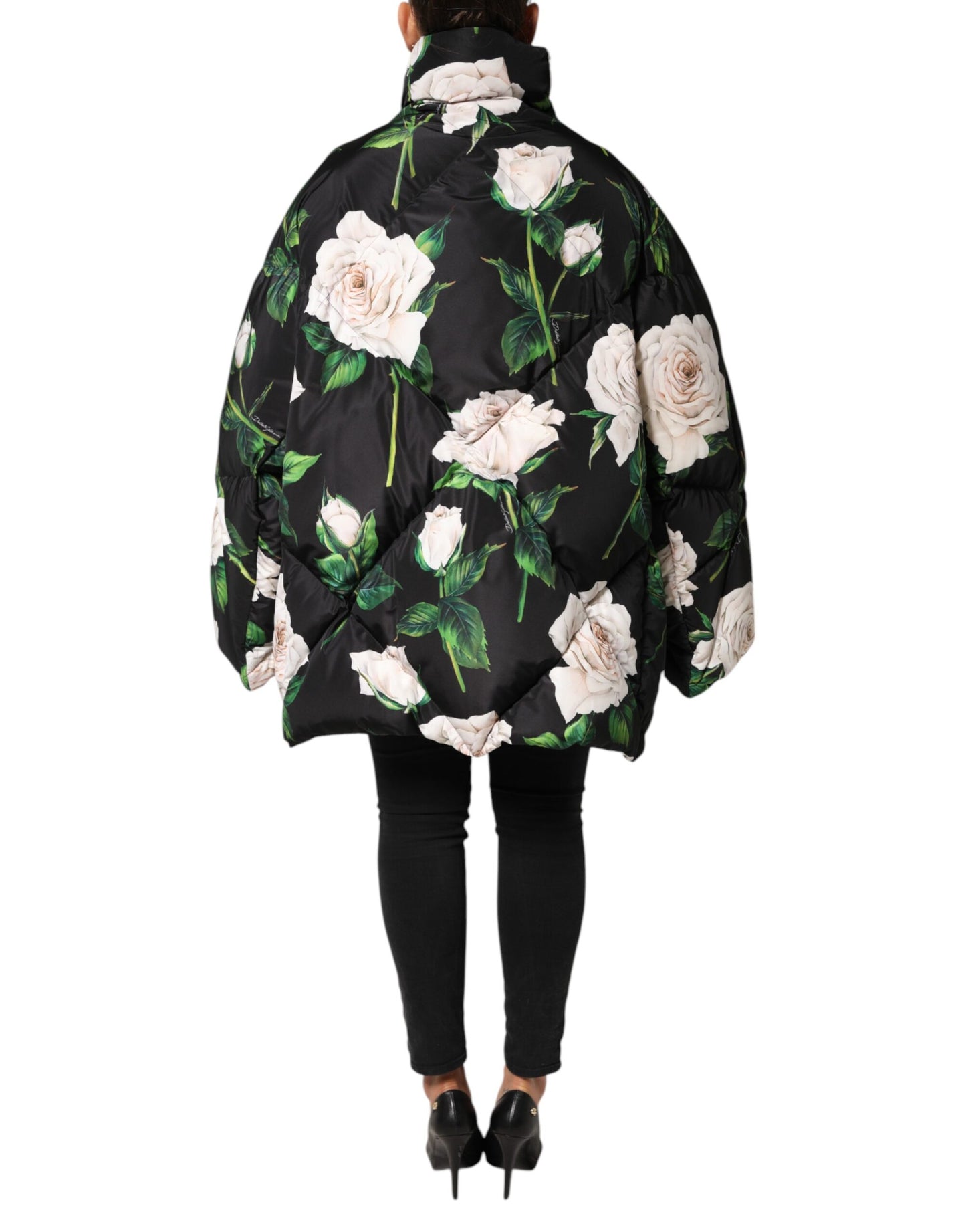 Dolce & Gabbana Schwarze gesteppte Jacke mit Blumendruck