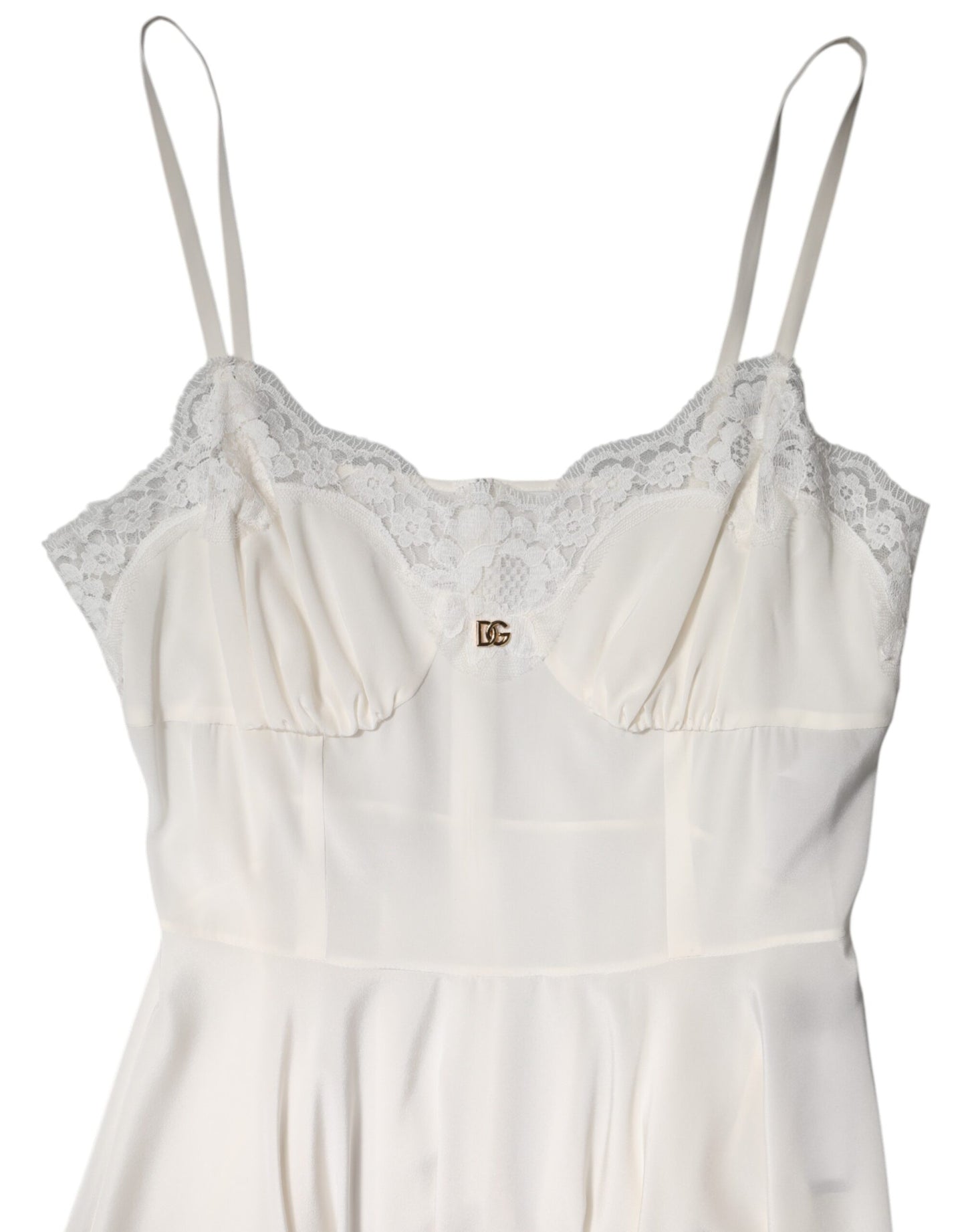 Dolce & Gabbana Weißes Spitzenkleid mit goldenem DG-Logo aus Seide Nachtwäsche