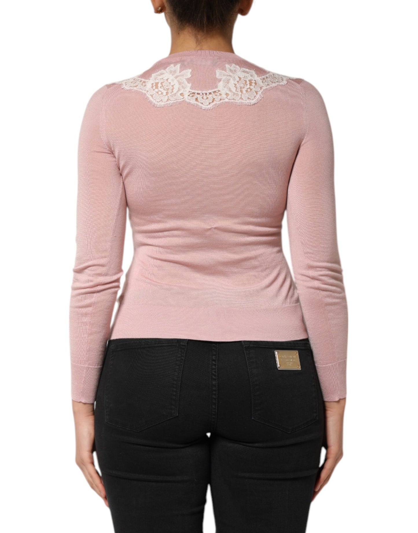 Dolce & Gabbana Rosa Strickjacke mit floralen Spitzenverzierungen