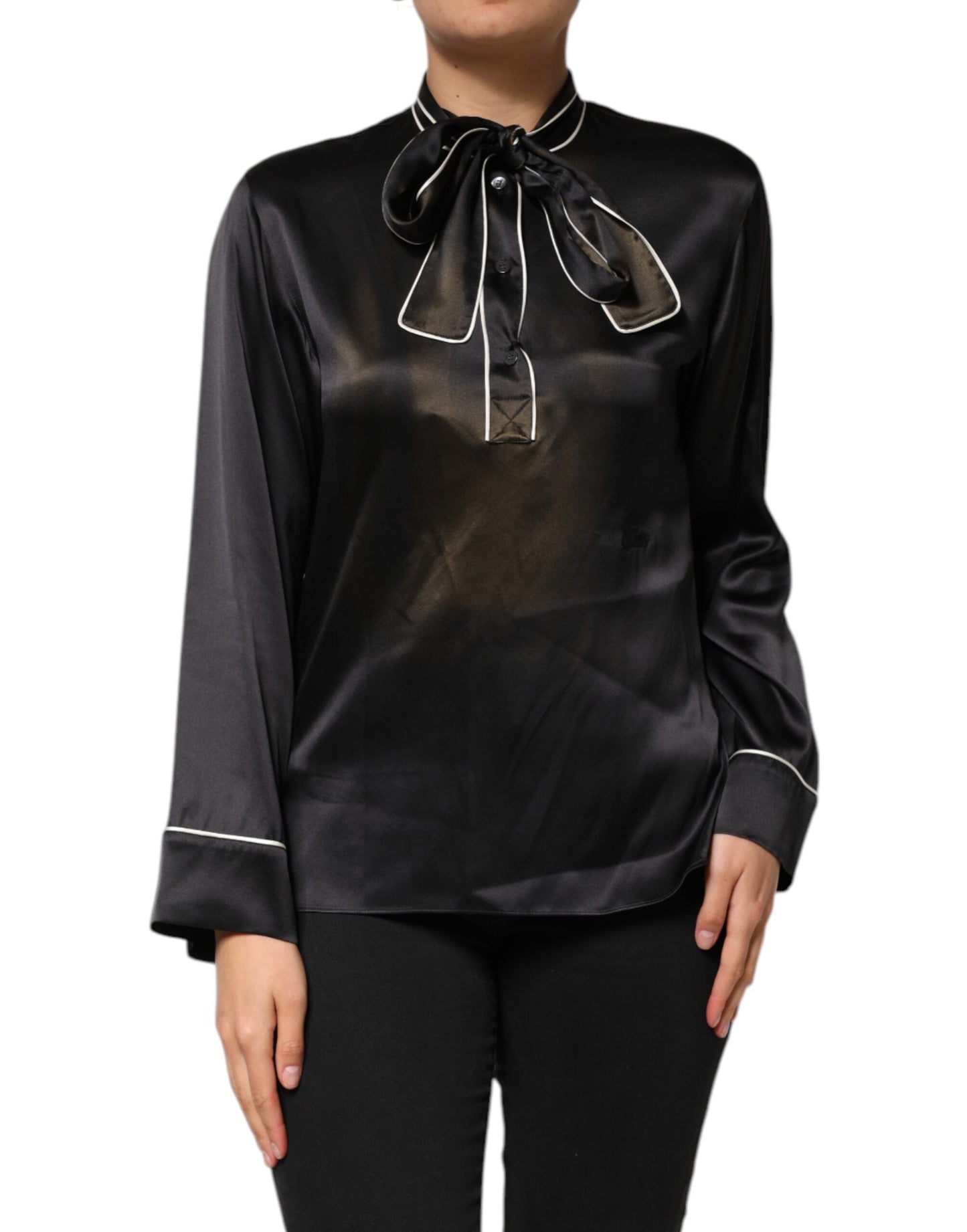 Dolce & Gabbana Schwarzes Seidenblusentop mit Ascot-Kragen und Knöpfen