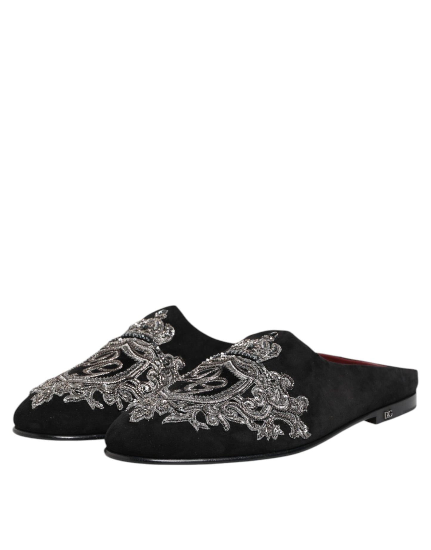 Dolce & Gabbana Schwarzer Samt Slides DG Crown Slipper Schuhe