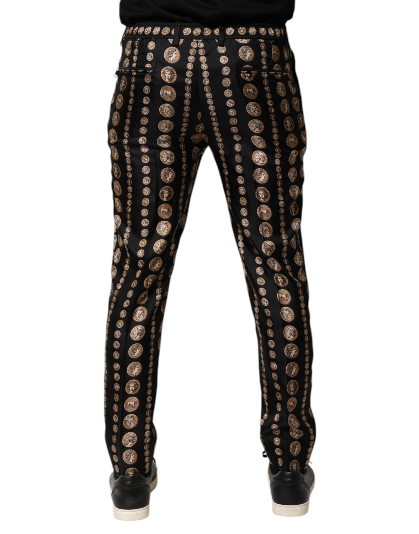 Dolce & Gabbana Schwarzer Münzdruck Seide Skinny Männer Hosen Hose