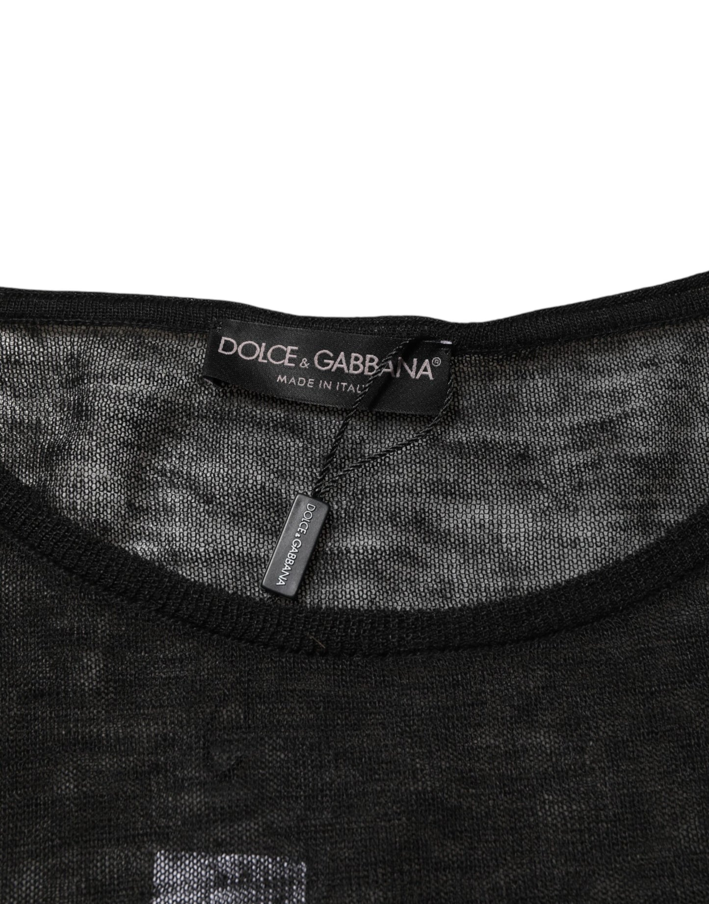 Dolce & Gabbana Schwarzes Leinen-Netz-T-Shirt mit zerrissenen langen Ärmeln