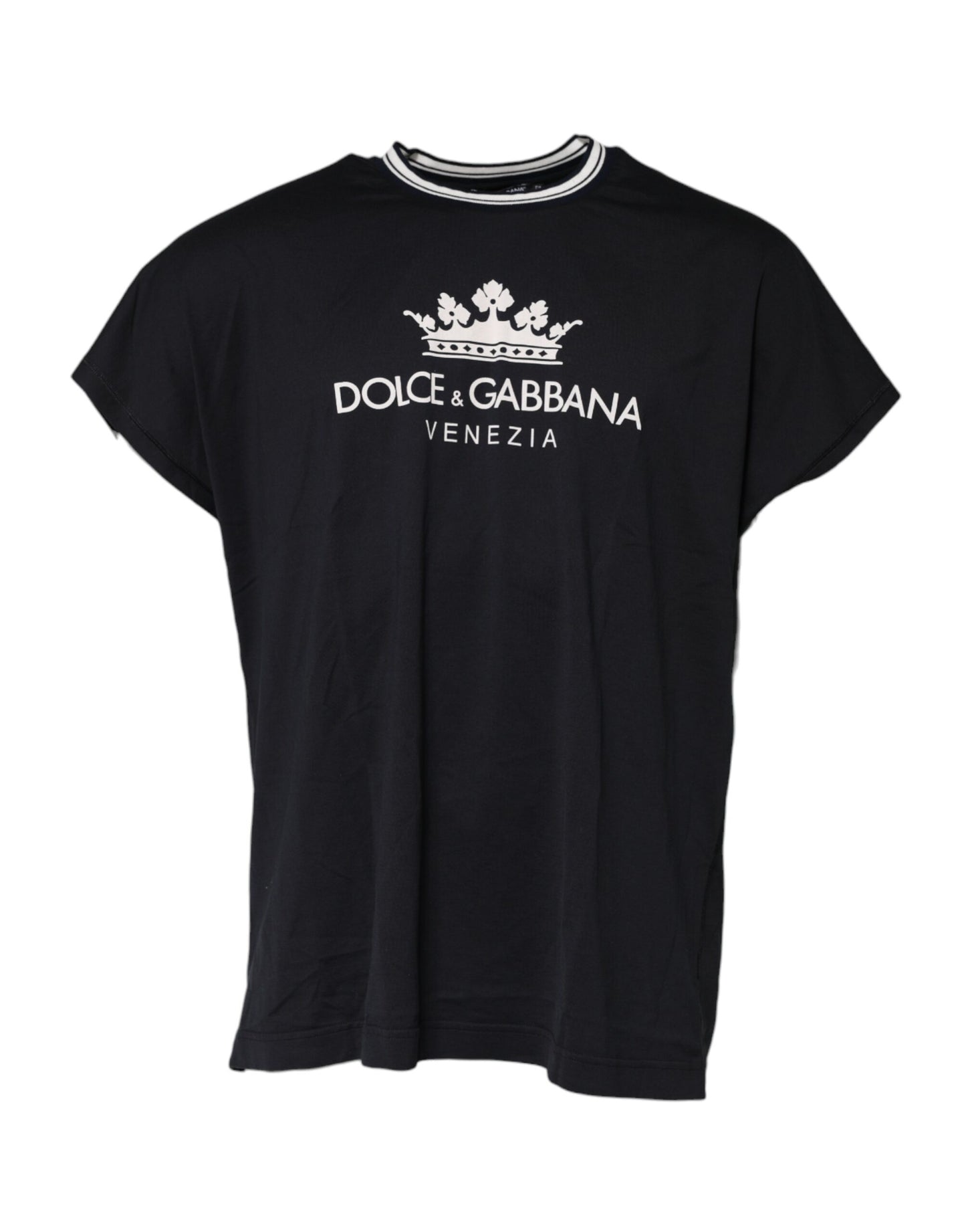 Dolce & Gabbana Dunkelblaues Venezia Crown Baumwoll-T-Shirt mit Rundhalsausschnitt