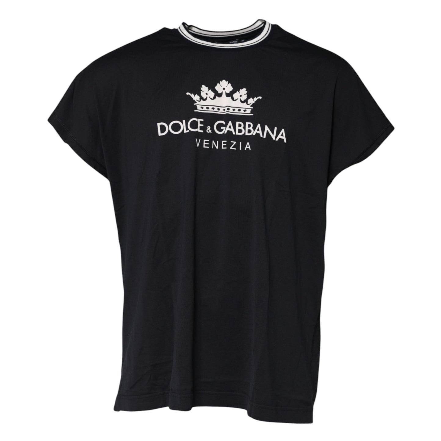 Dolce & Gabbana Dunkelblaues Venezia Crown Baumwoll-T-Shirt mit Rundhalsausschnitt