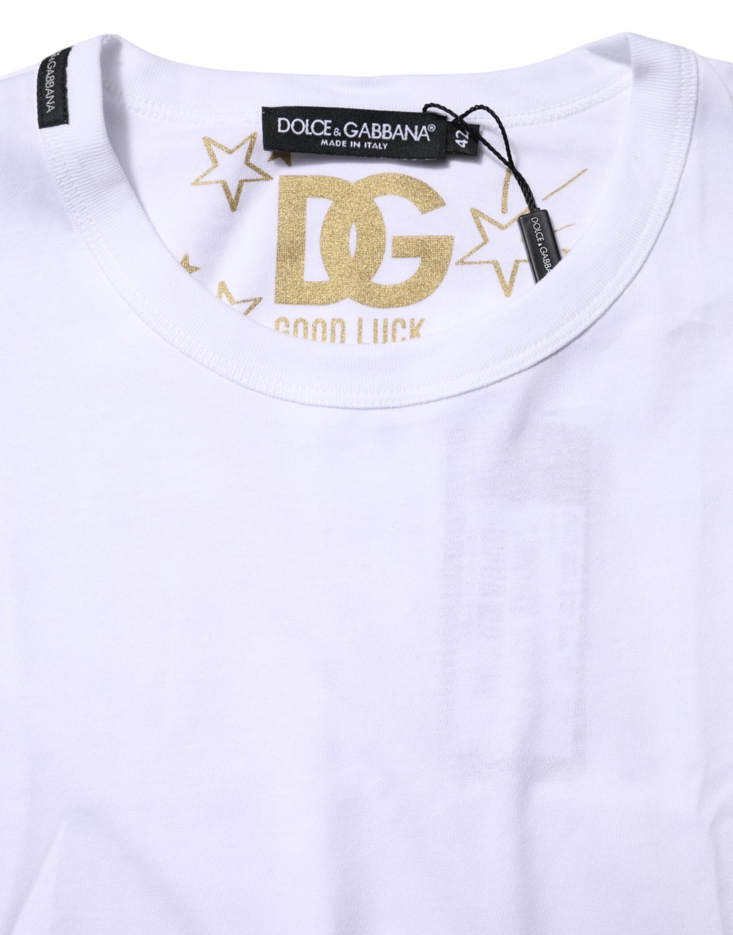 Dolce & Gabbana Weißes T-Shirt mit Rundhalsausschnitt aus Baumwolle Goodluck 2022