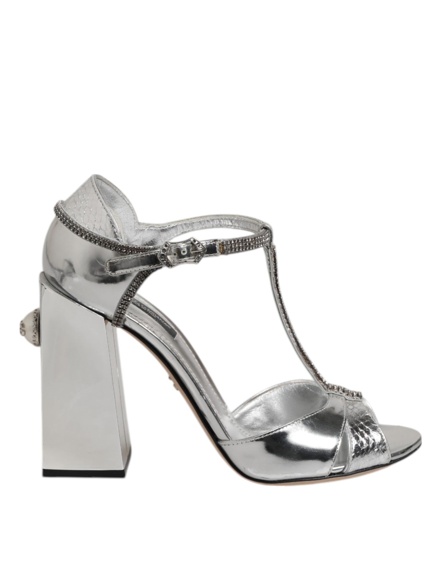Dolce & Gabbana Silberne Leder T-strap Heels Sandalen Schuhe