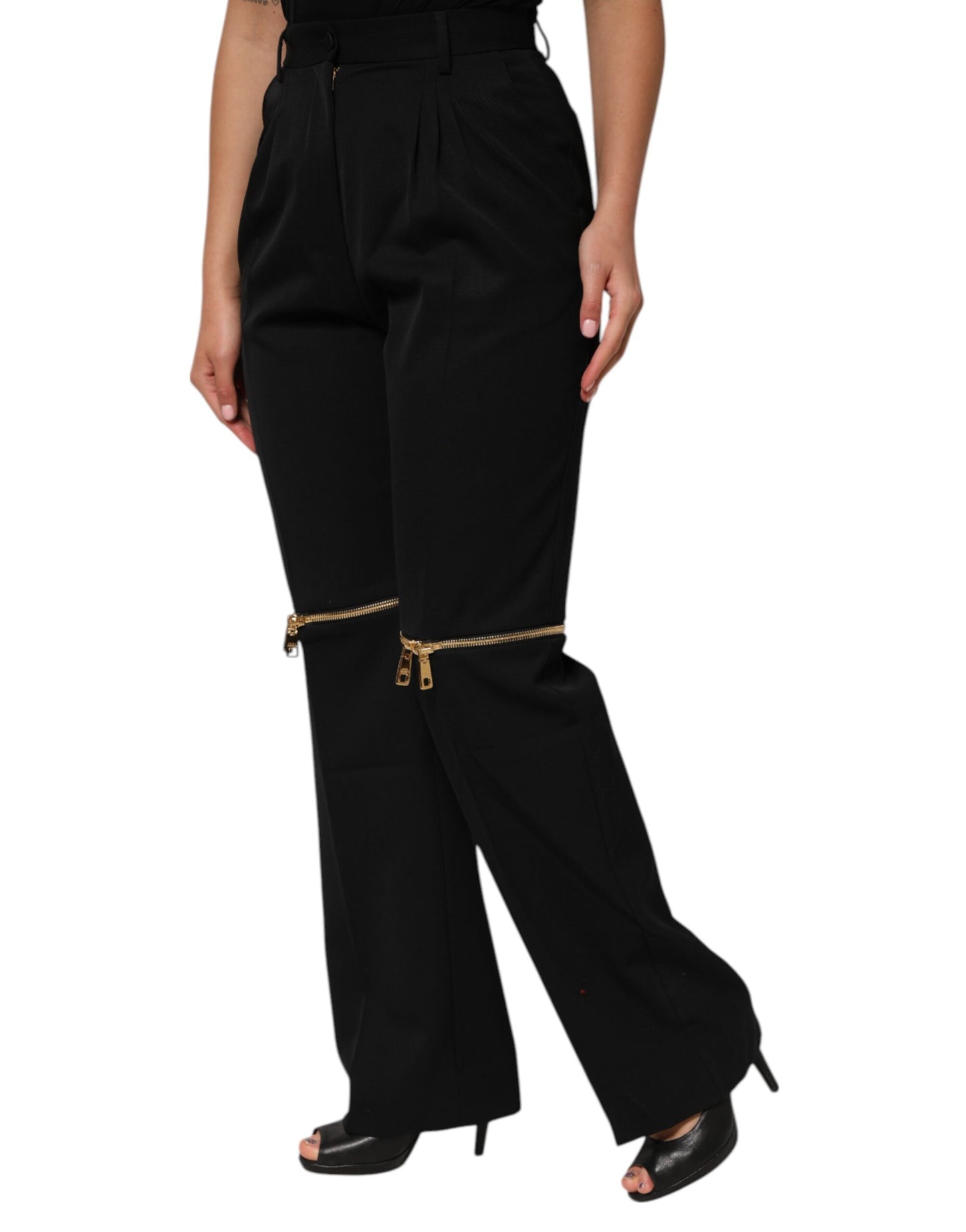 Dolce & Gabbana Schwarze Straight Leg Hose aus Wolle mit Reißverschluss
