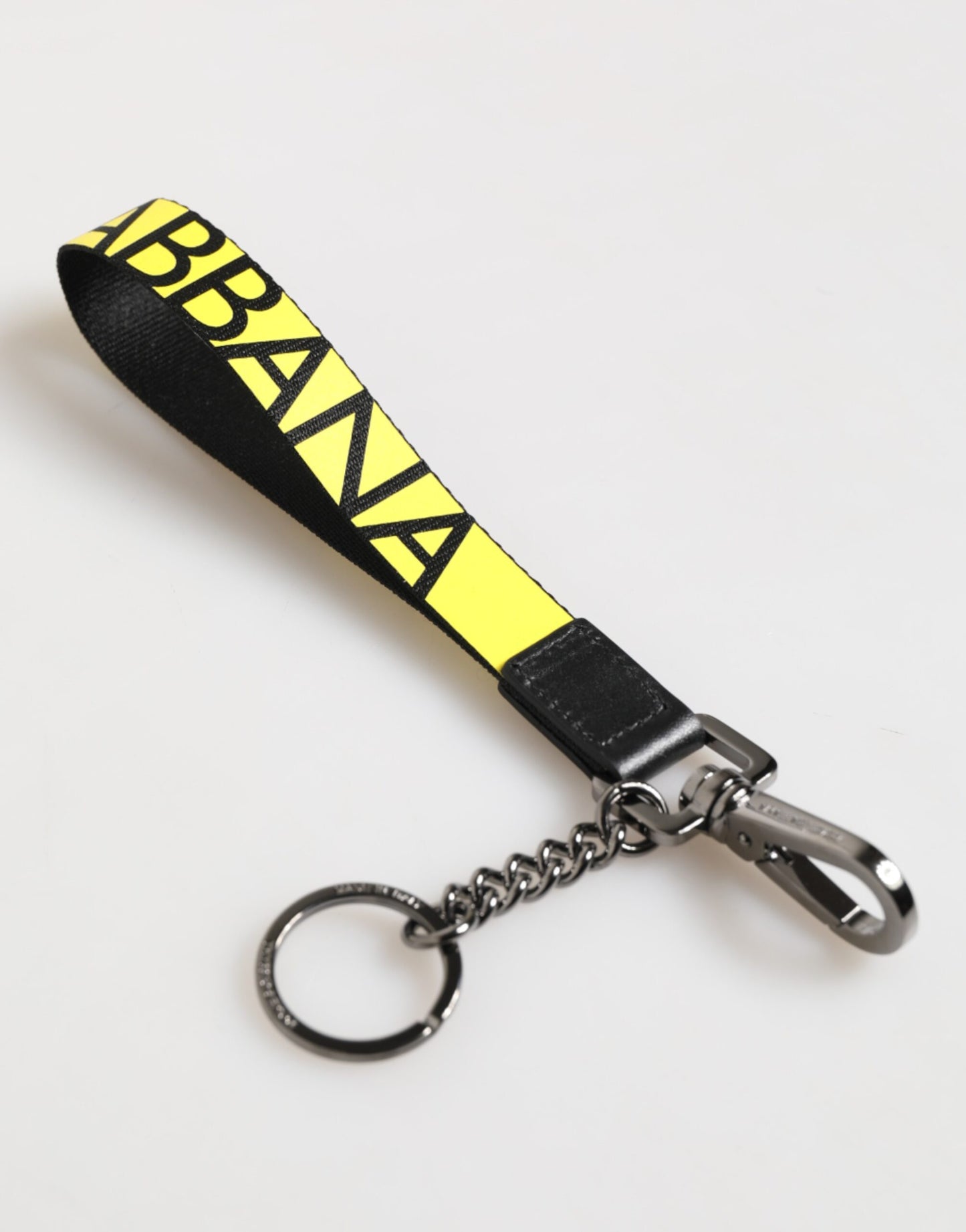Dolce & Gabbana Gelbes Logo Nylon Silber Messing Halter Schlüsselanhänger Schlüsselring