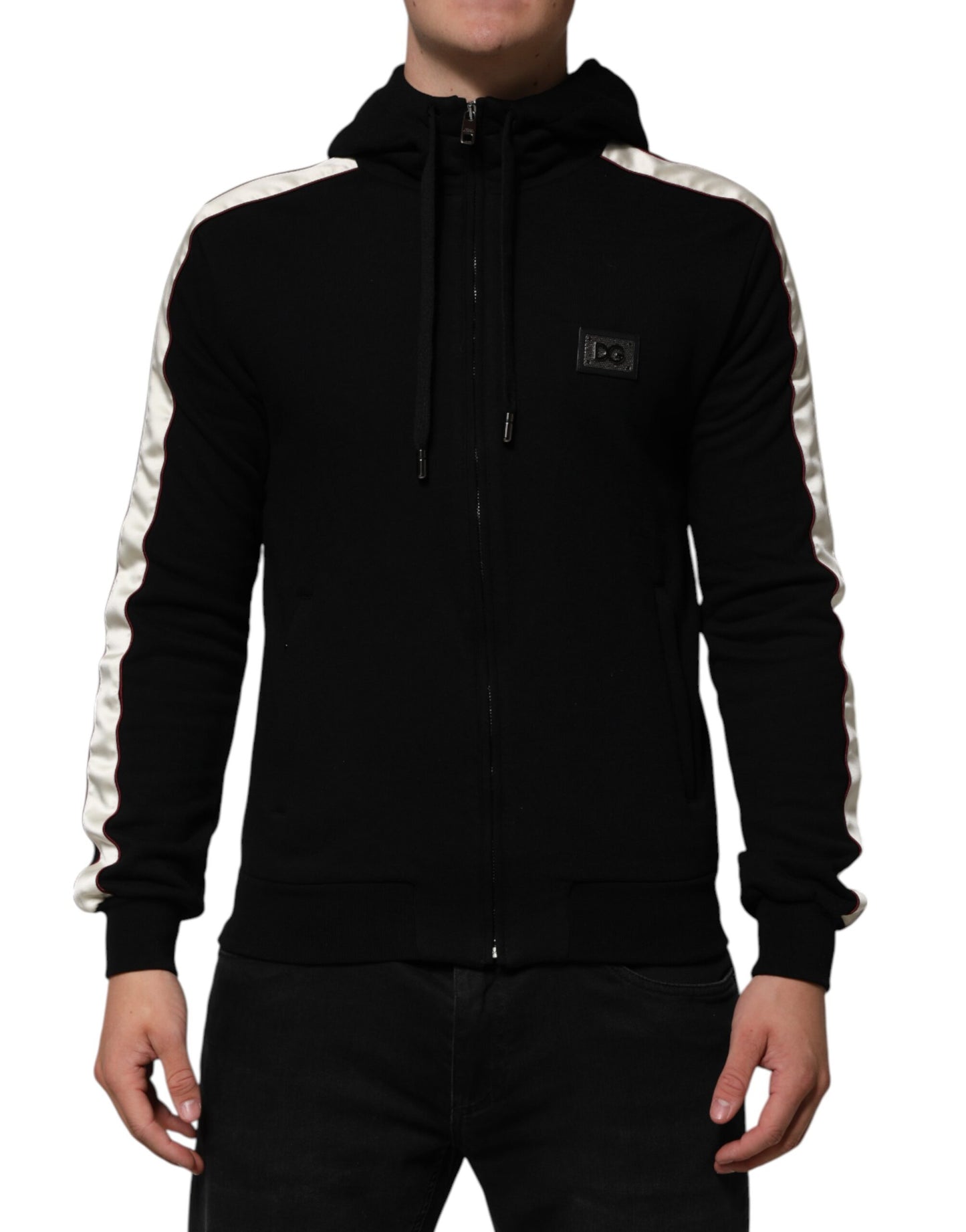 Dolce & Gabbana Schwarze Baumwollplakette Track Cardigan Pullover