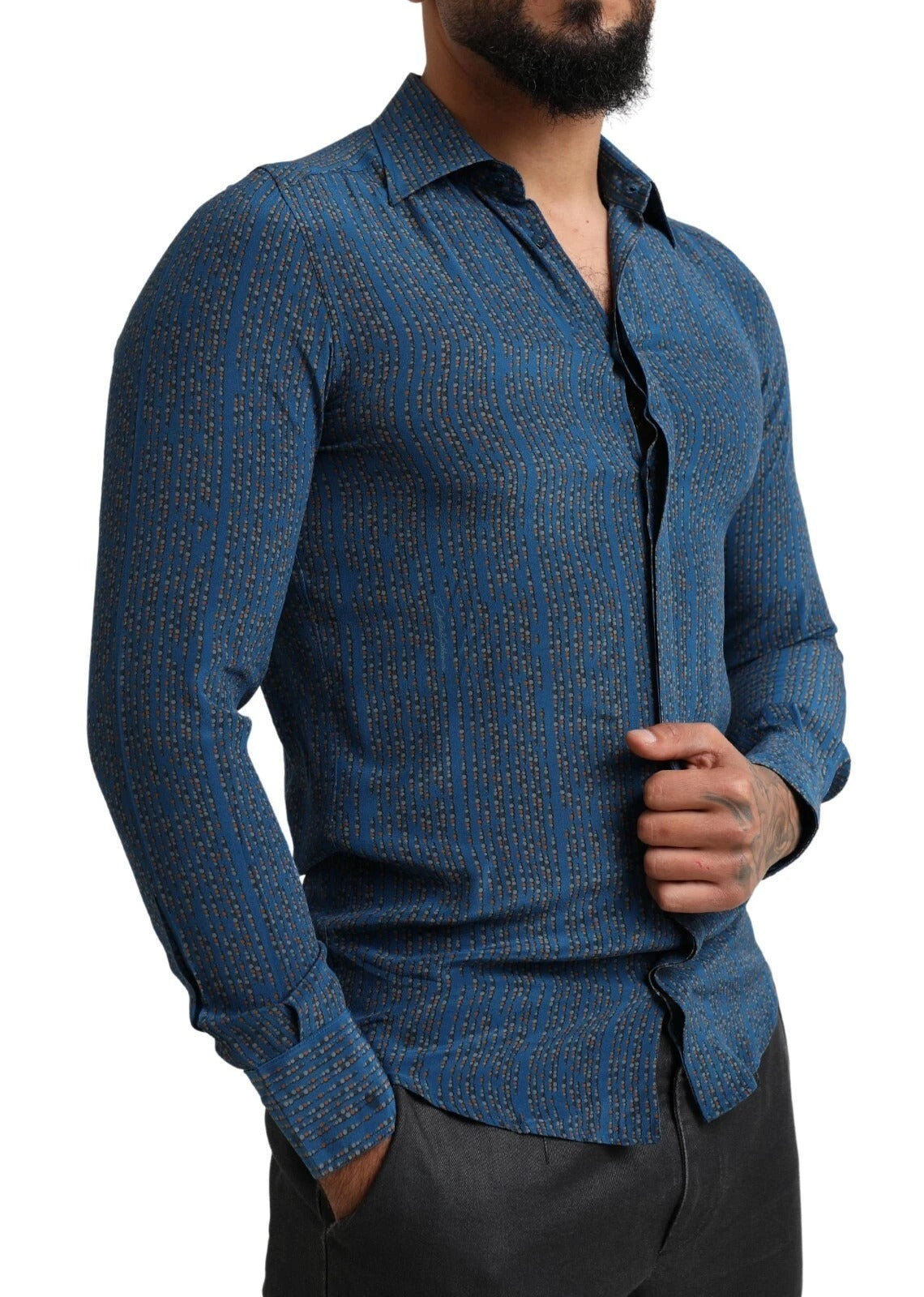 Dolce & Gabbana Blaues MARTINI Seidenhemd mit langen Ärmeln und schmaler Passform