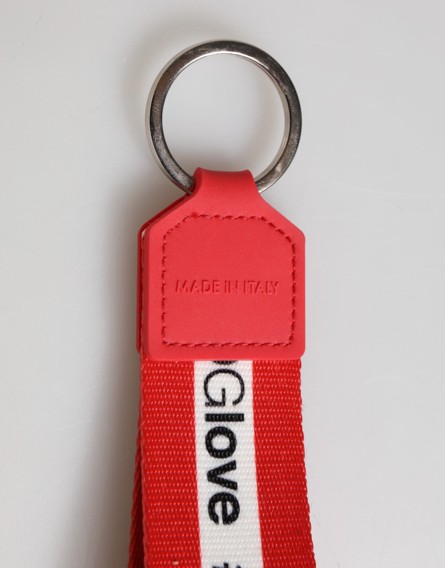 Dolce & Gabbana Rotes Logo Polyester Silber Messing Halter Schlüsselanhänger Männer Schlüsselring
