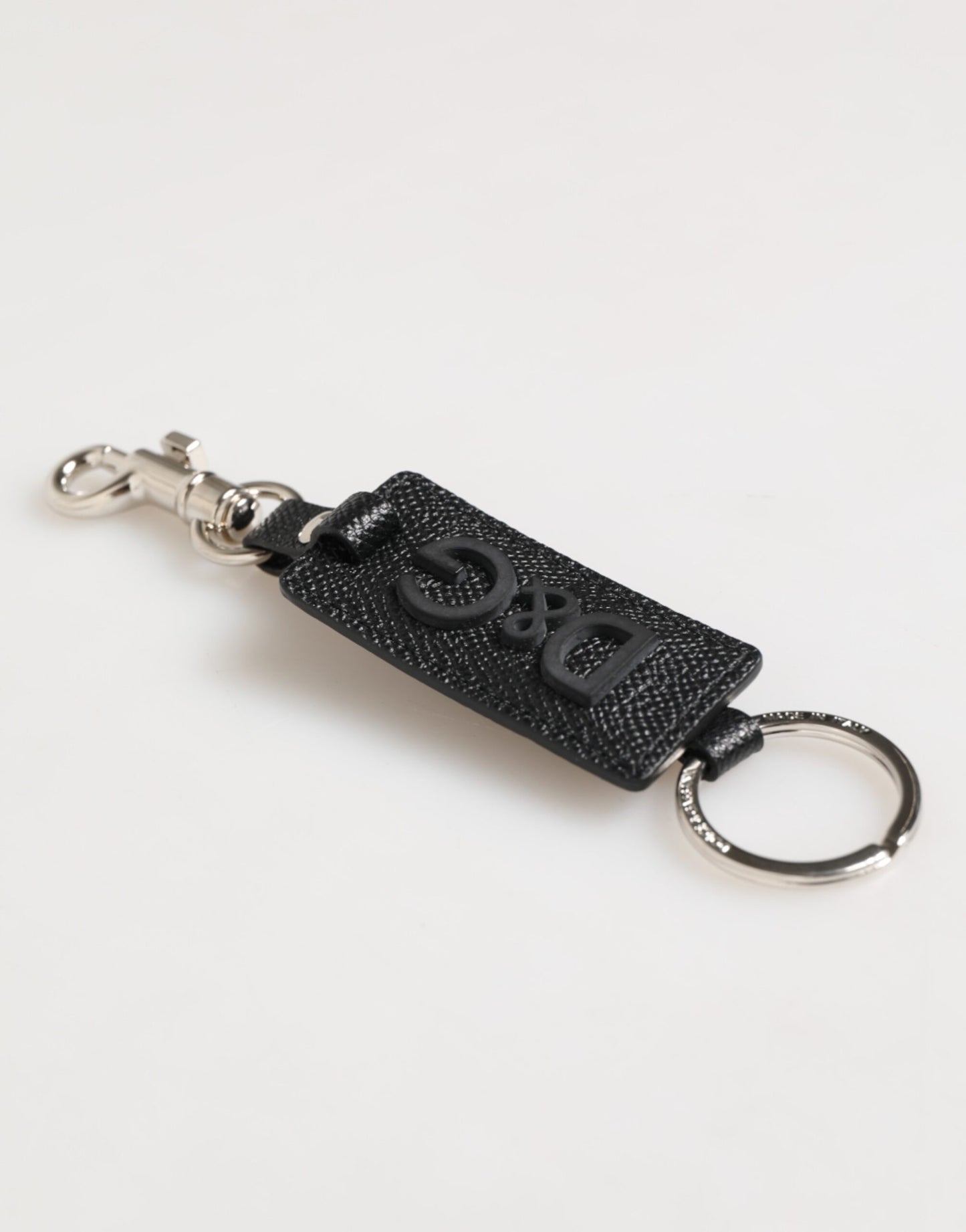 Dolce & Gabbana Schwarzes Leder Logo Metallring Schlüsselanhänger Halter Schlüsselring