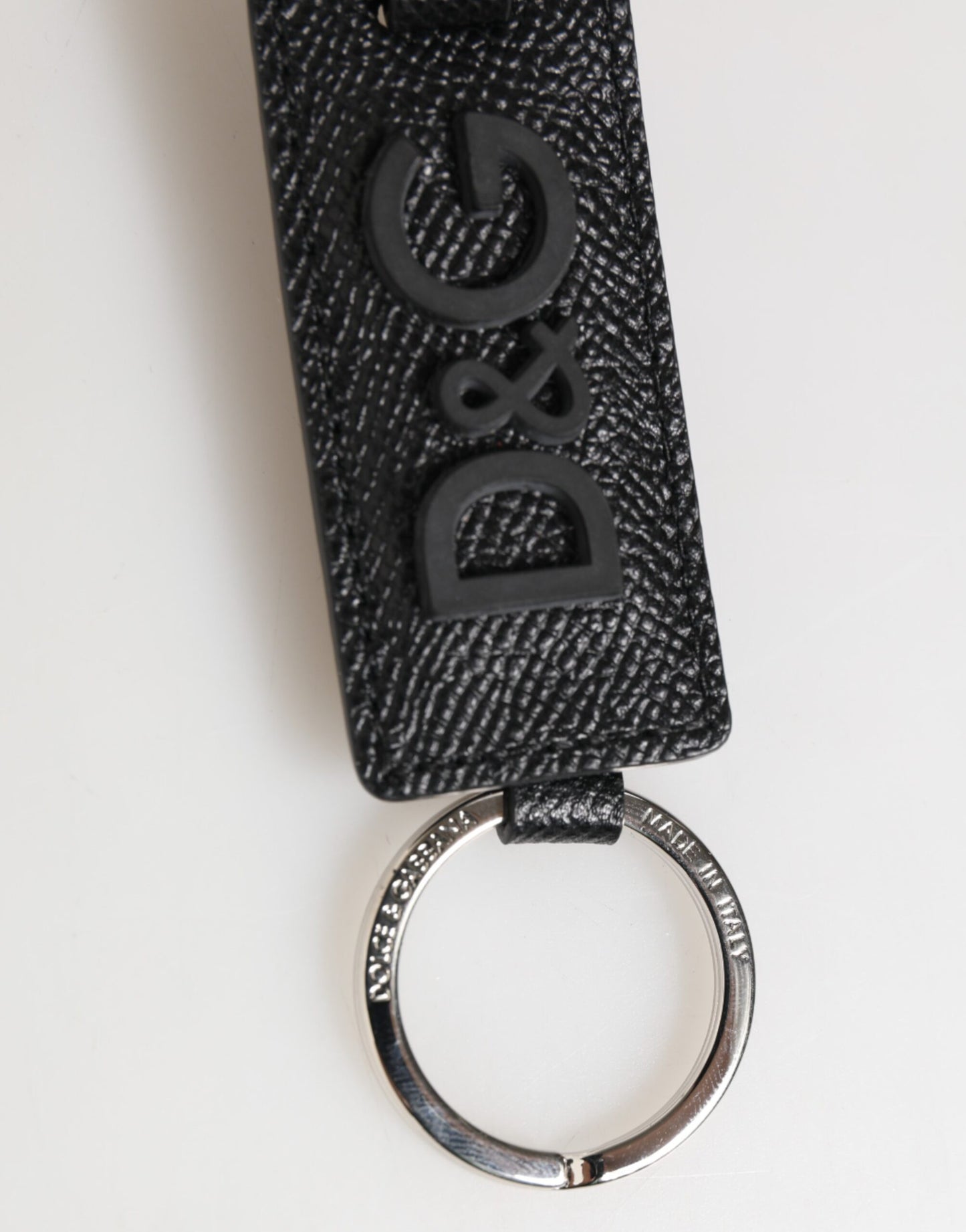 Dolce & Gabbana Schwarzes Leder Logo Metallring Schlüsselanhänger Halter Schlüsselring