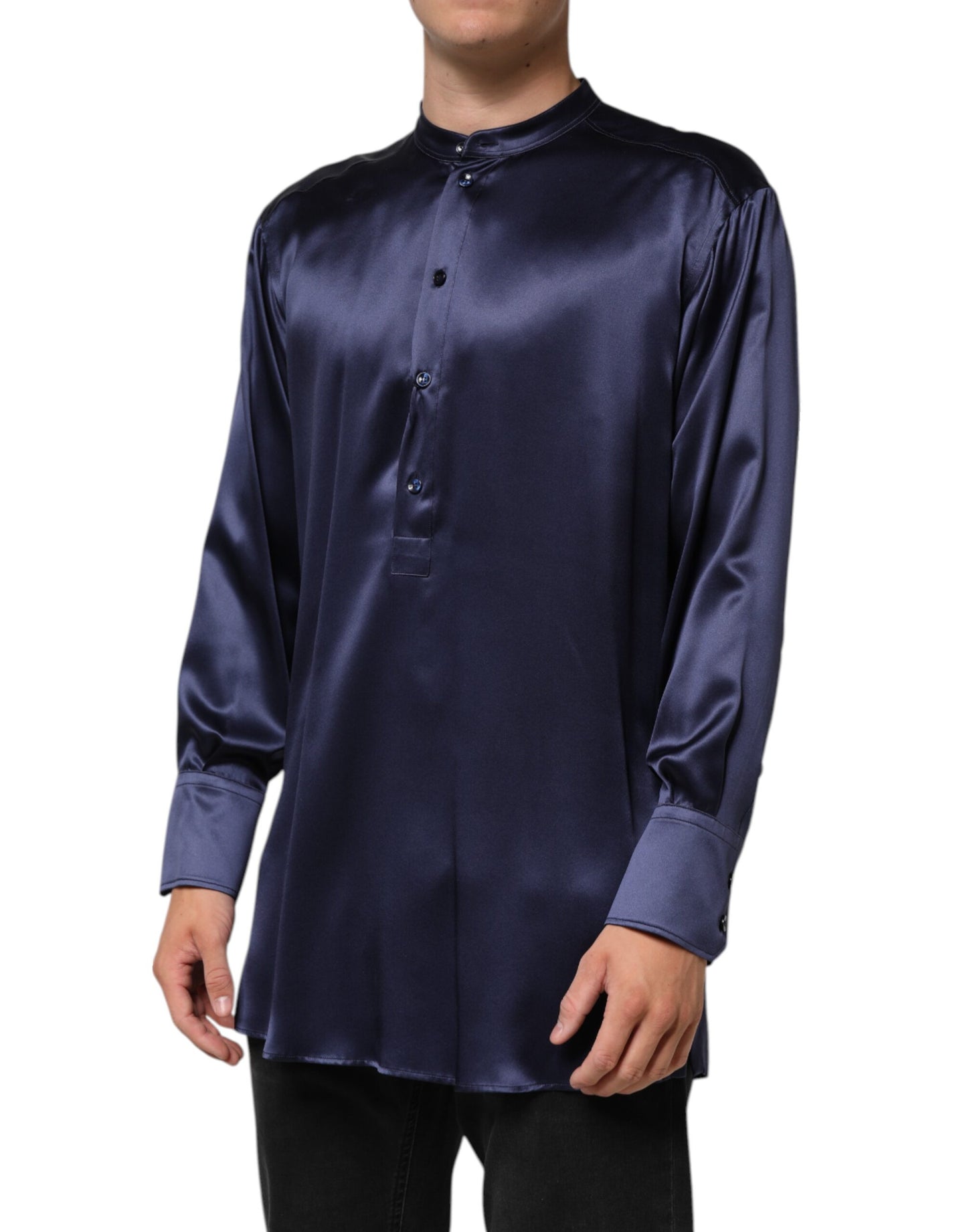 Dolce & Gabbana Marineblaues Seidenhemd mit langen Ärmeln und Mandarinenkragen
