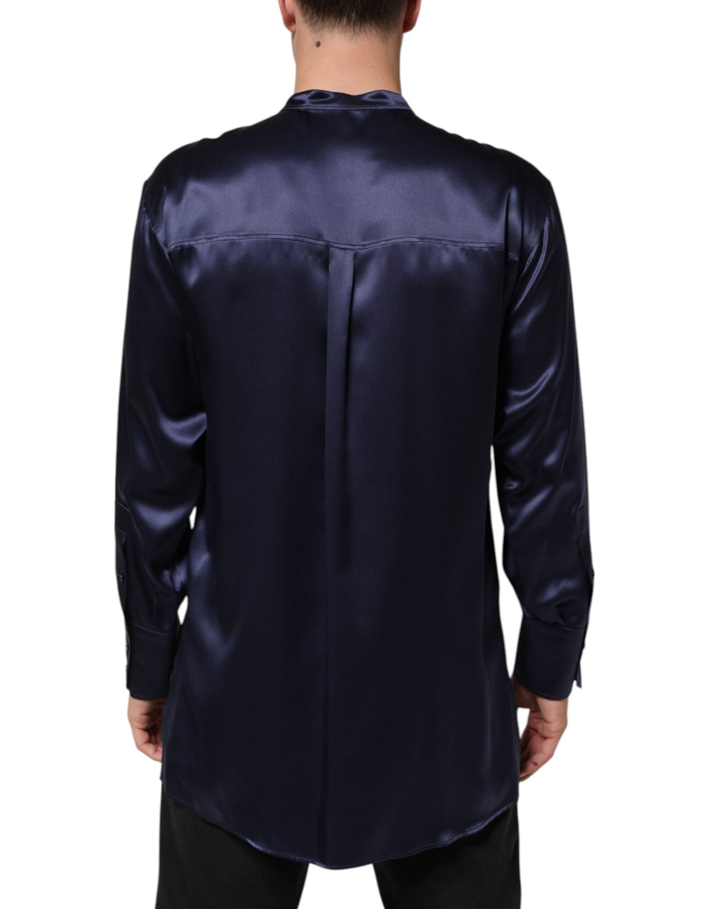 Dolce & Gabbana Marineblaues Seidenhemd mit langen Ärmeln und Mandarinenkragen