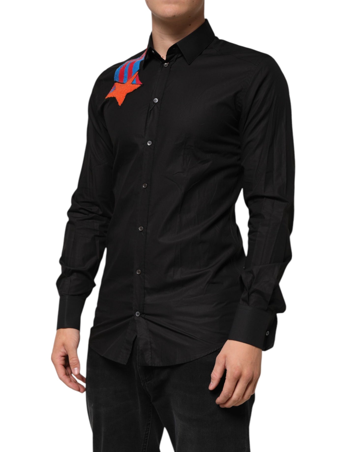 Dolce & Gabbana Schwarzes Baumwollstern-Paillettenkleid Formales Herrenhemd