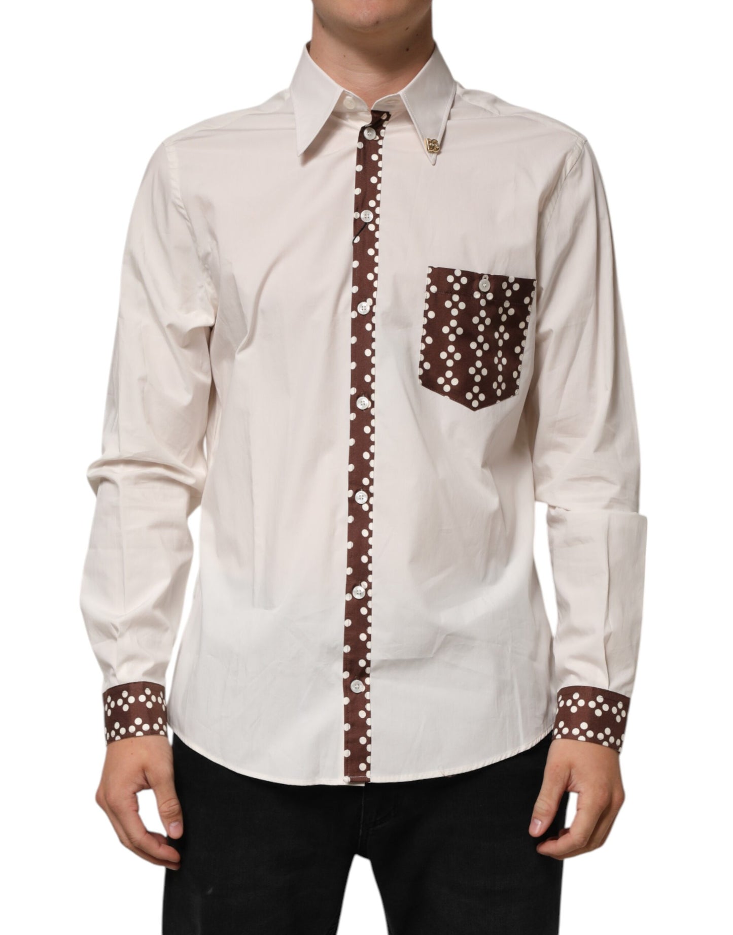 Dolce & Gabbana Cremeweißes gepunktetes Slim Fit Hemd aus Baumwolle