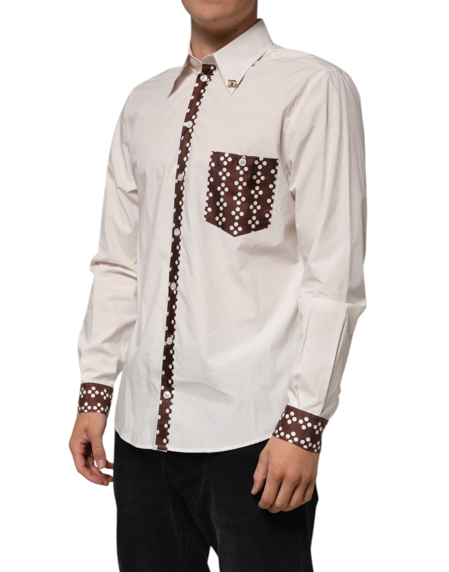 Dolce & Gabbana Cremeweißes gepunktetes Slim Fit Hemd aus Baumwolle