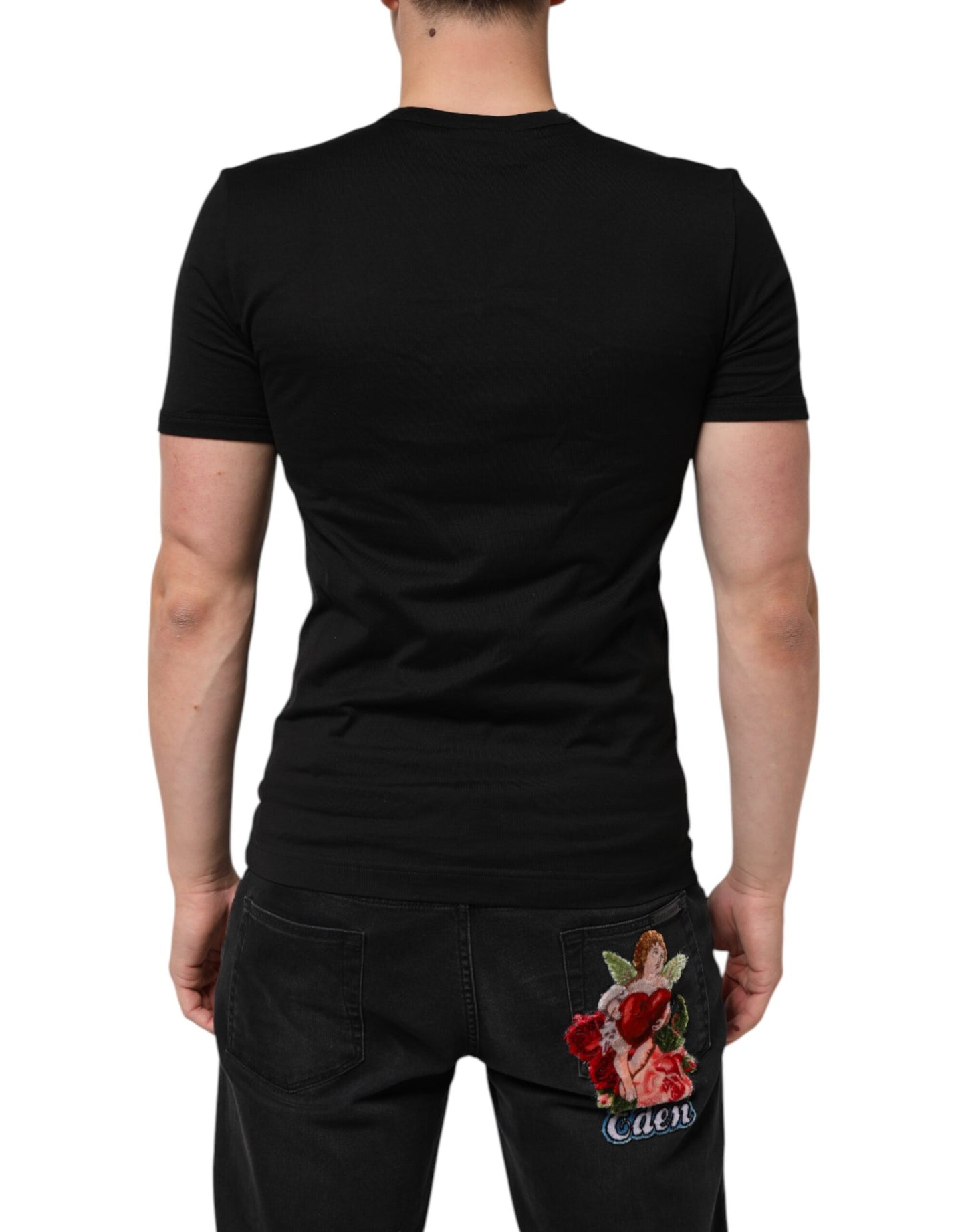 Dolce & Gabbana Schwarzes einfarbiges Baumwoll-T-Shirt mit V-Ausschnitt für Männer