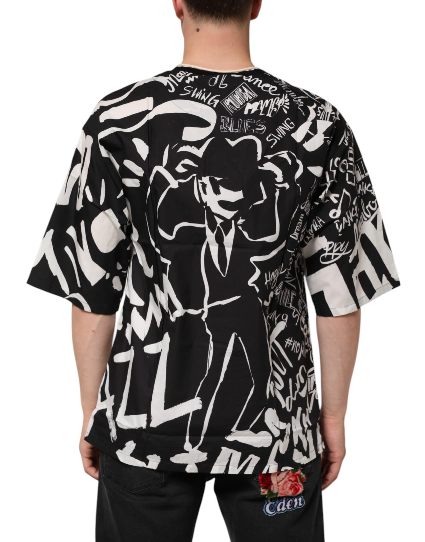 Dolce & Gabbana Schwarz-Weißes Graffiti-T-Shirt aus Baumwolle in Übergröße